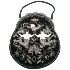 Vintage 1930s Art Deco Hand Embroidered Artisan Black Velvet Mermaid's Evening Bag 
