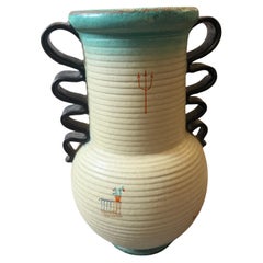 1930er Jahre Art Deco Handbemalte, luftgebürstete italienische futuristische Keramikvase von Deruta