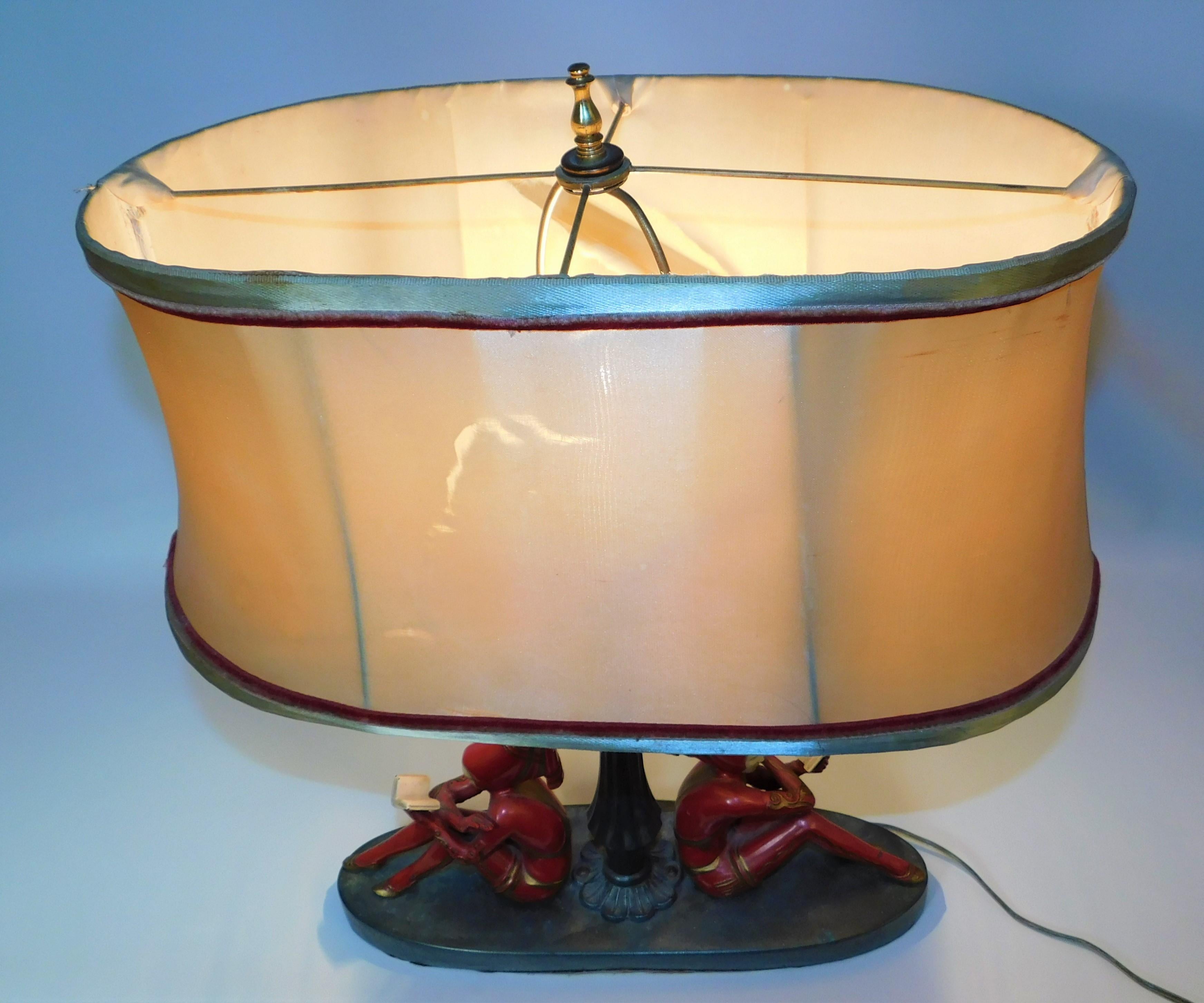 1930s Art Deco Harlequin Table Lamp with Red Girl Pixie Figures USA 2