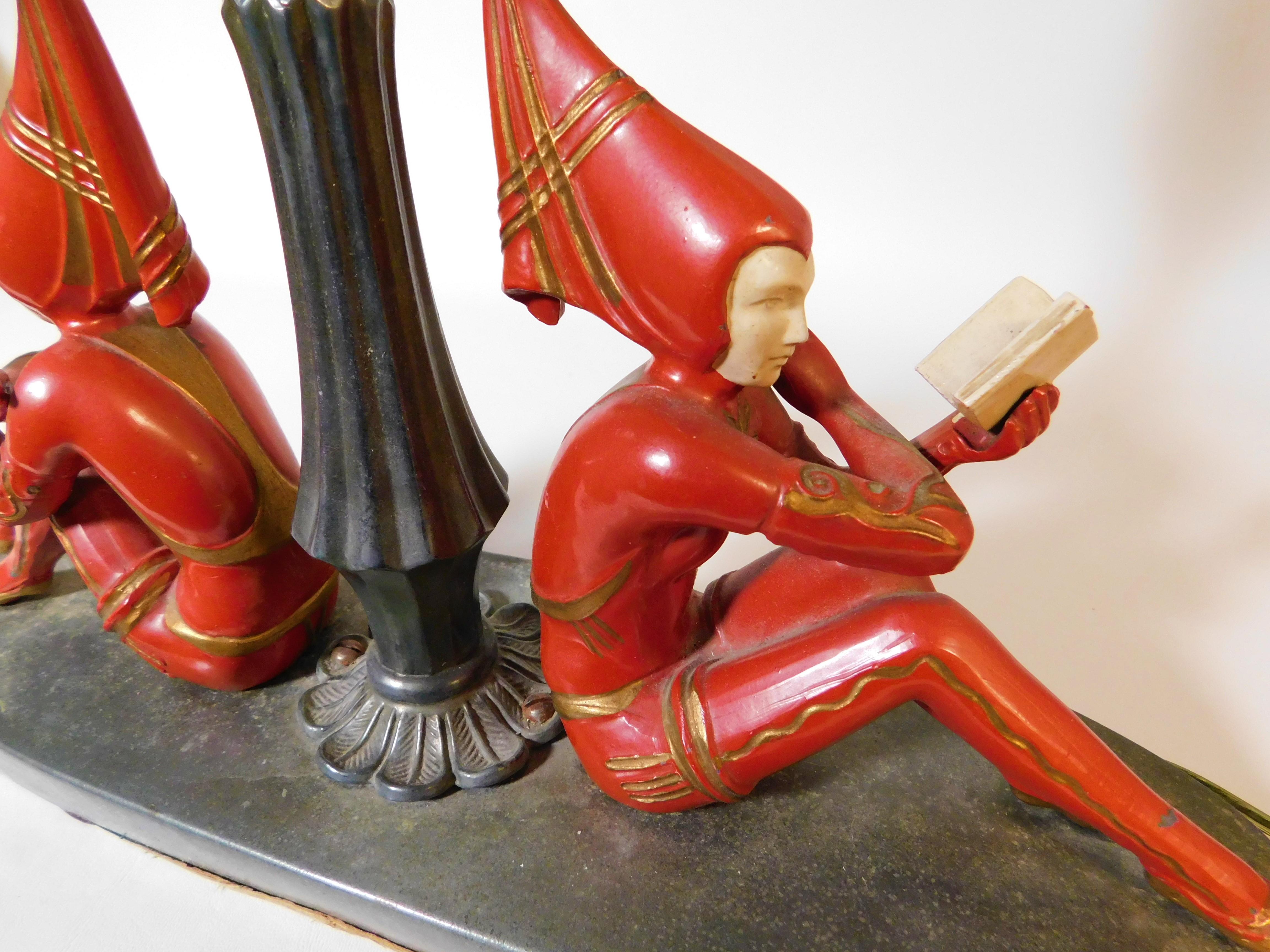 1930s Art Deco Harlequin Table Lamp with Red Girl Pixie Figures USA 4