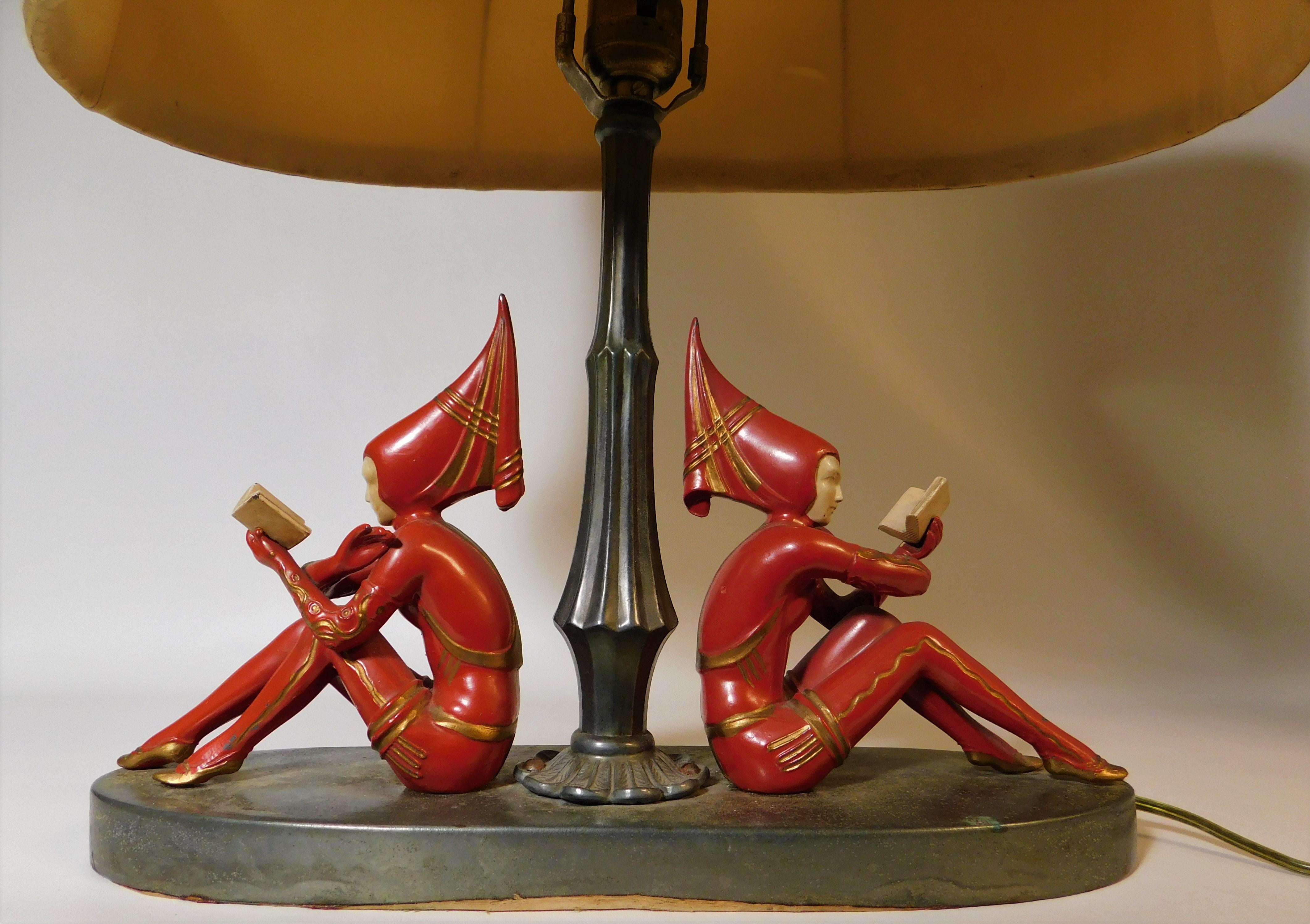1930s Art Deco Harlequin Table Lamp with Red Girl Pixie Figures USA 5