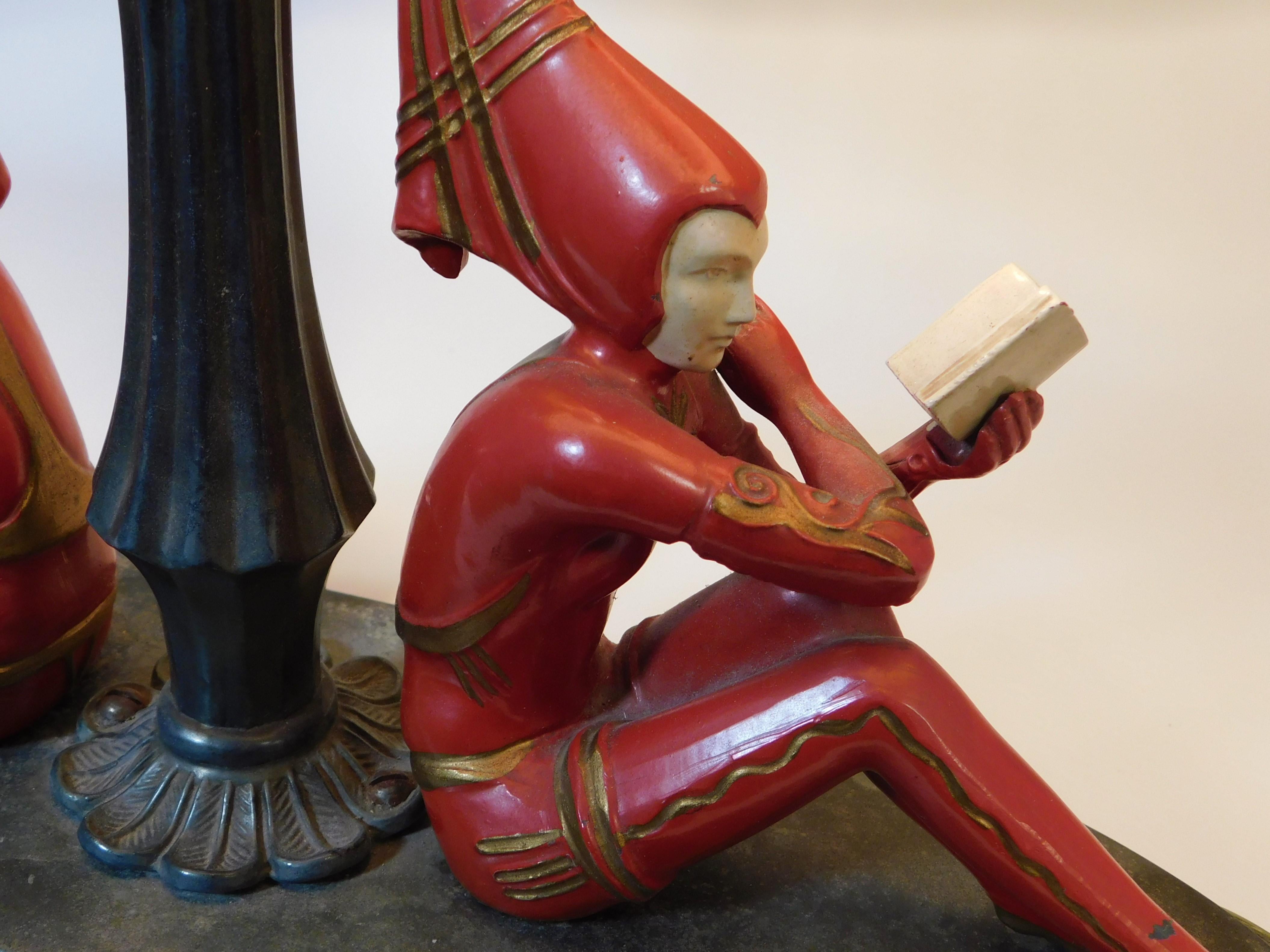 1930s Art Deco Harlequin Table Lamp with Red Girl Pixie Figures USA 6