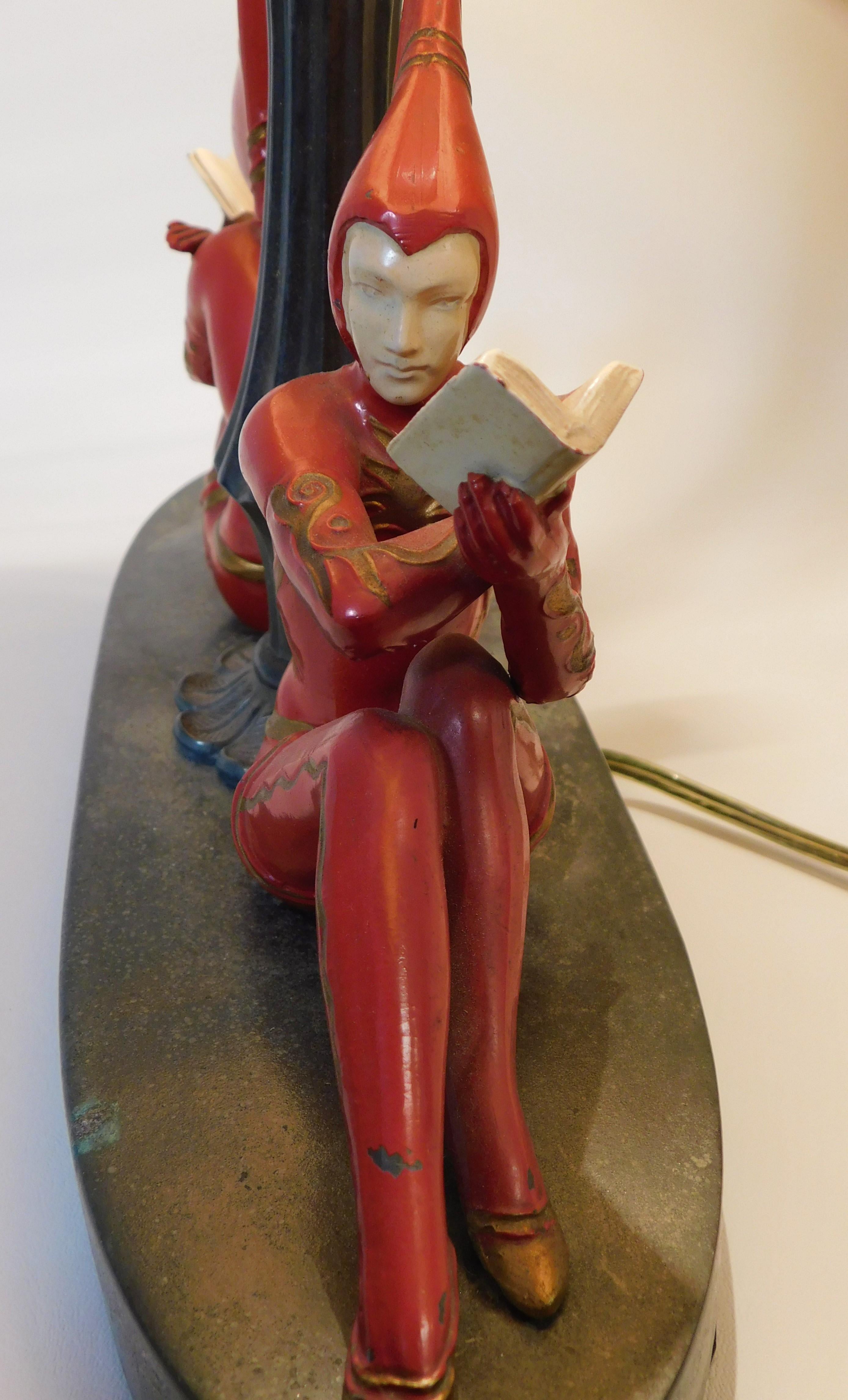 1930s Art Deco Harlequin Table Lamp with Red Girl Pixie Figures USA 7