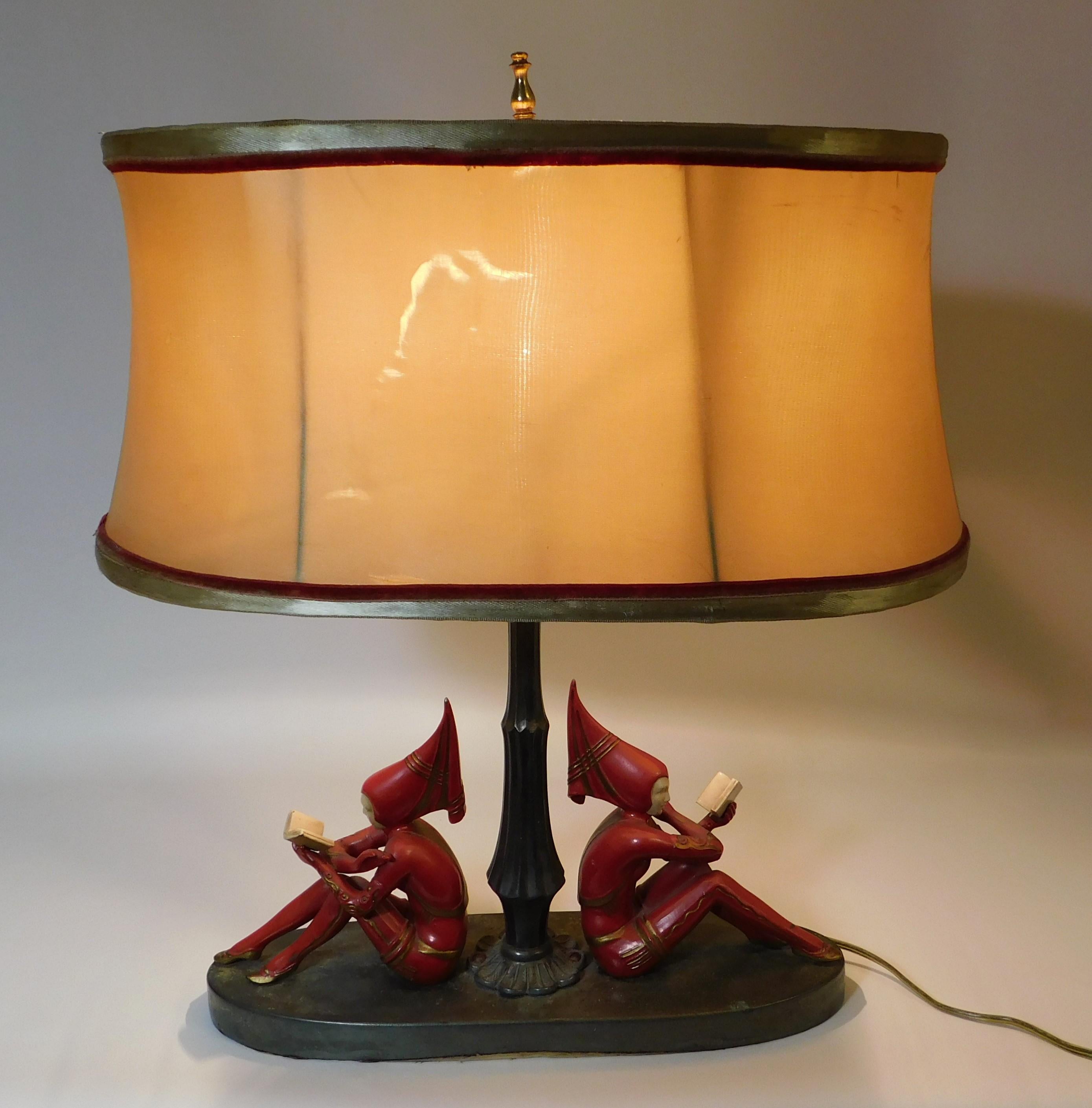 1930s Art Deco Harlequin Table Lamp with Red Girl Pixie Figures USA 9