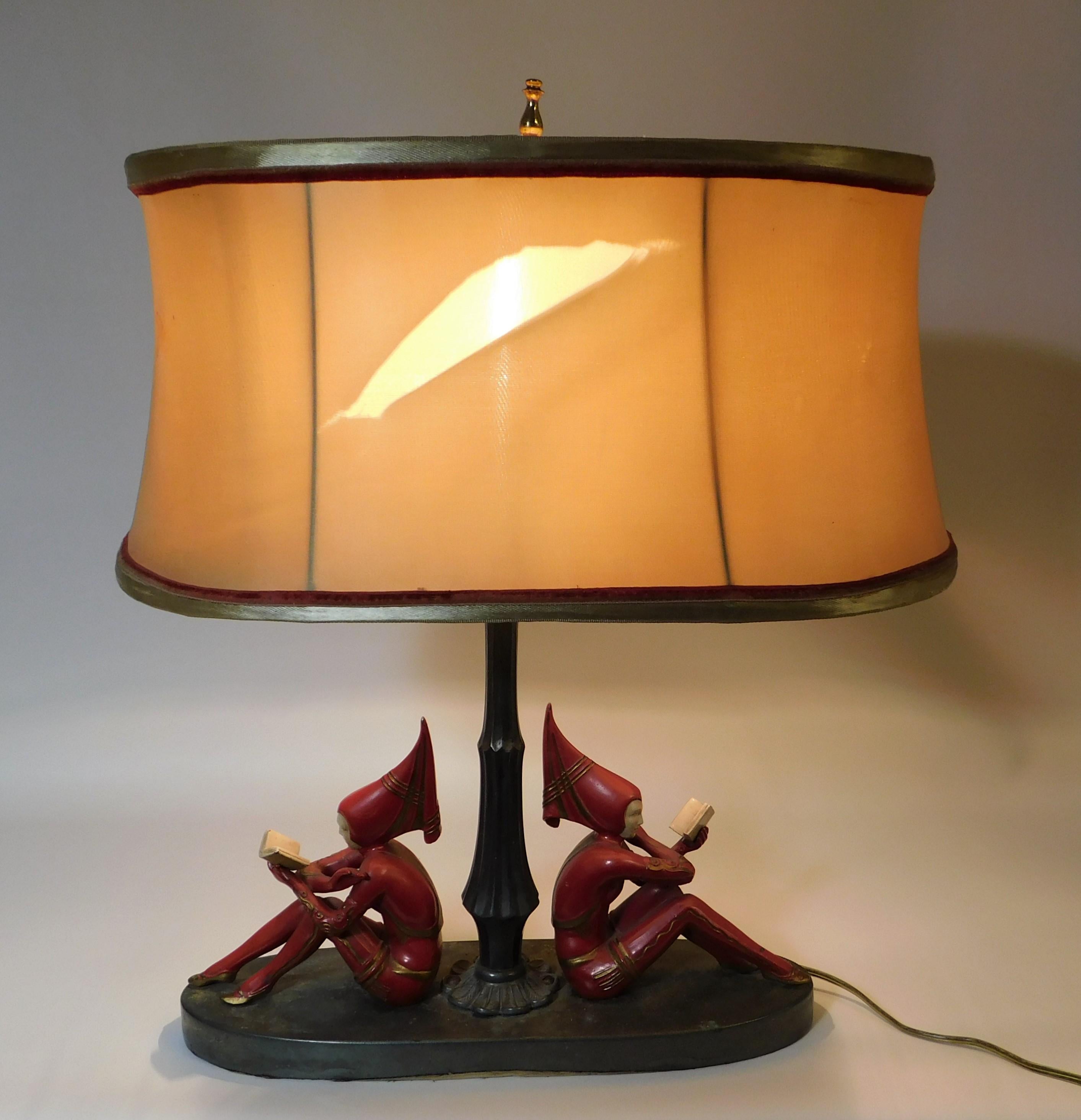 1930s Art Deco Harlequin Table Lamp with Red Girl Pixie Figures USA 10