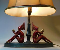 1930s Art Deco Harlequin Table Lamp with Red Girl Pixie Figures USA