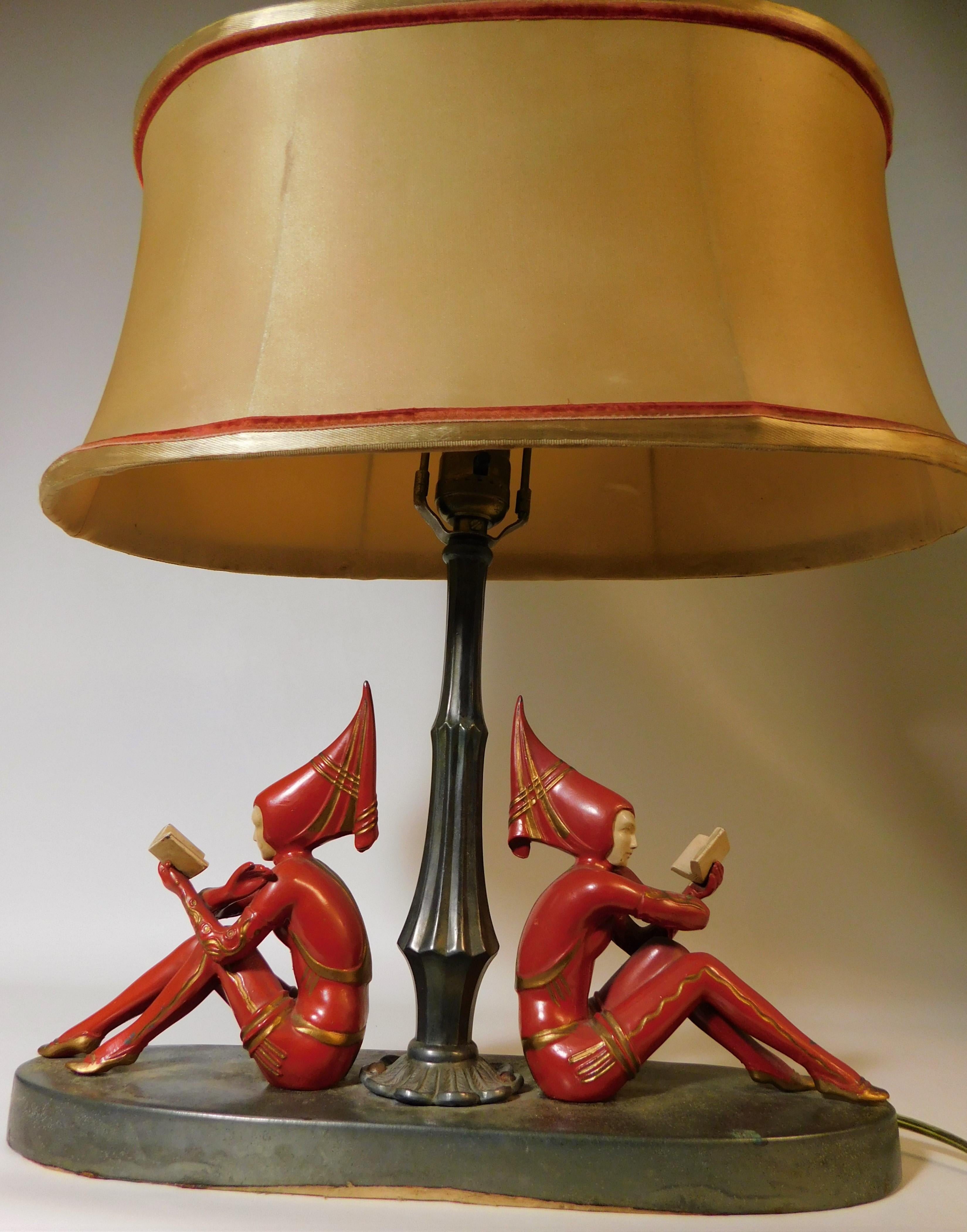 American 1930s Art Deco Harlequin Table Lamp with Red Girl Pixie Figures USA