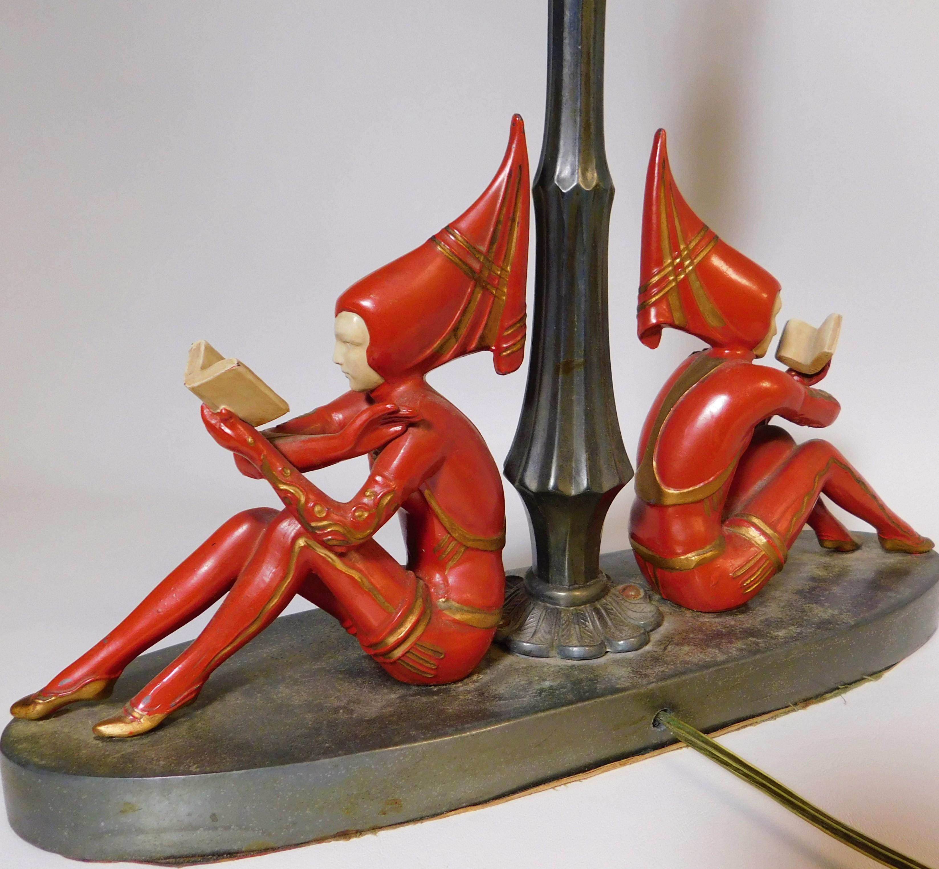1930s Art Deco Harlequin Table Lamp with Red Girl Pixie Figures USA In Good Condition In Hamilton, Ontario