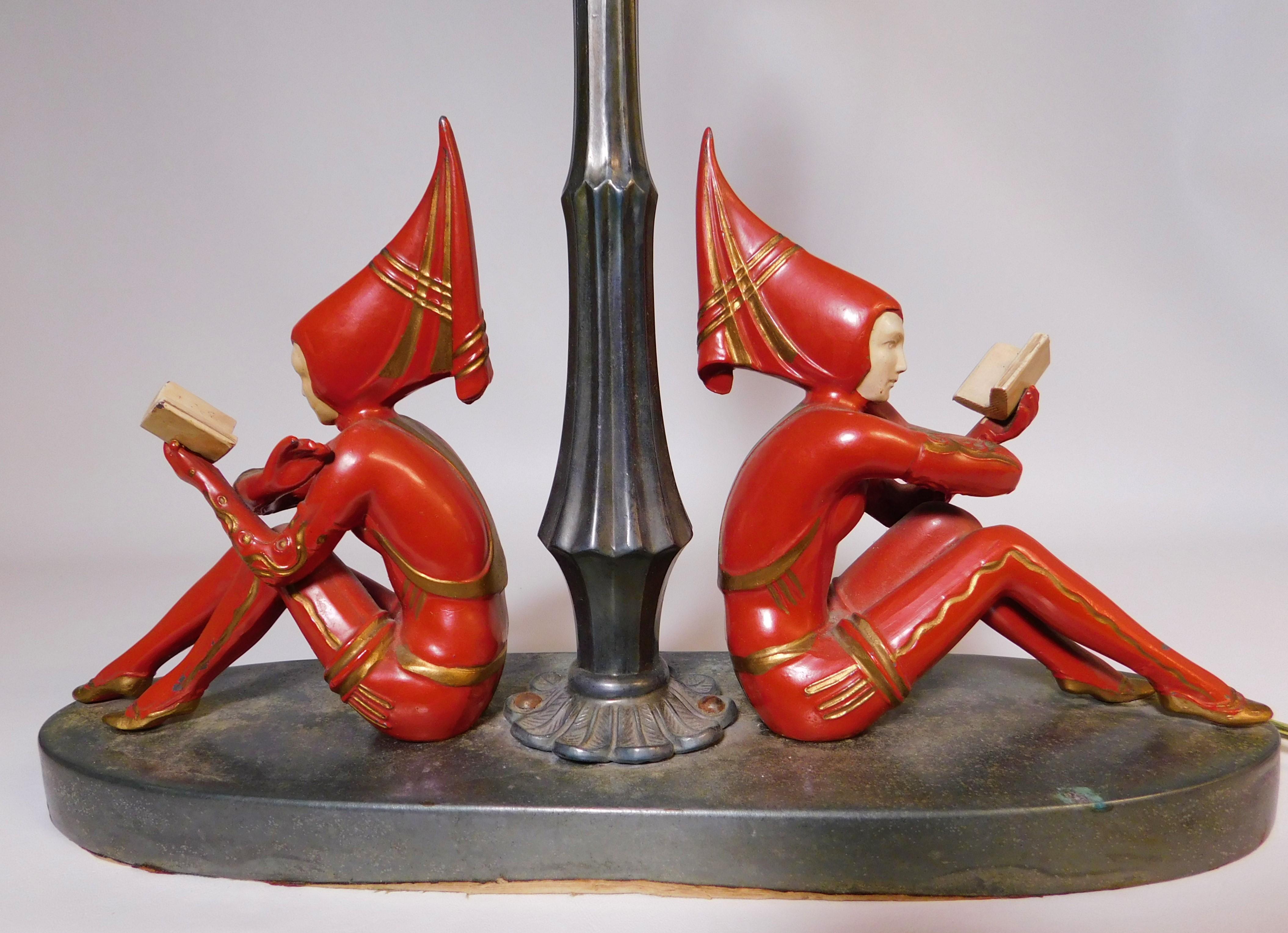Mid-20th Century 1930s Art Deco Harlequin Table Lamp with Red Girl Pixie Figures USA