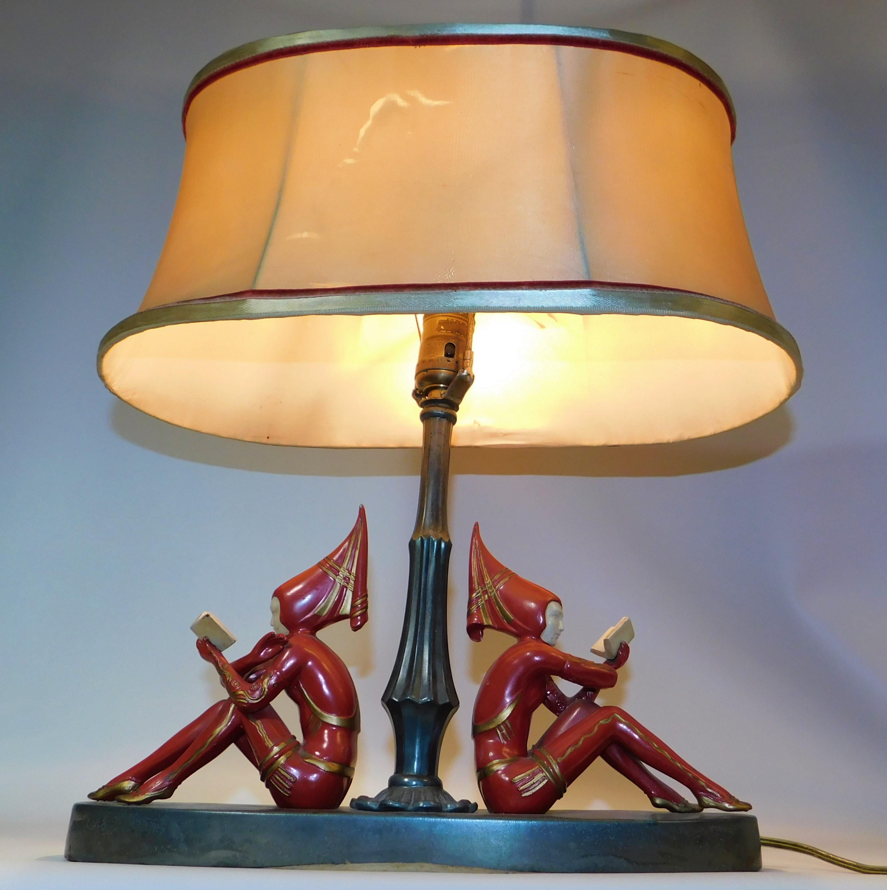Fabric 1930s Art Deco Harlequin Table Lamp with Red Girl Pixie Figures USA