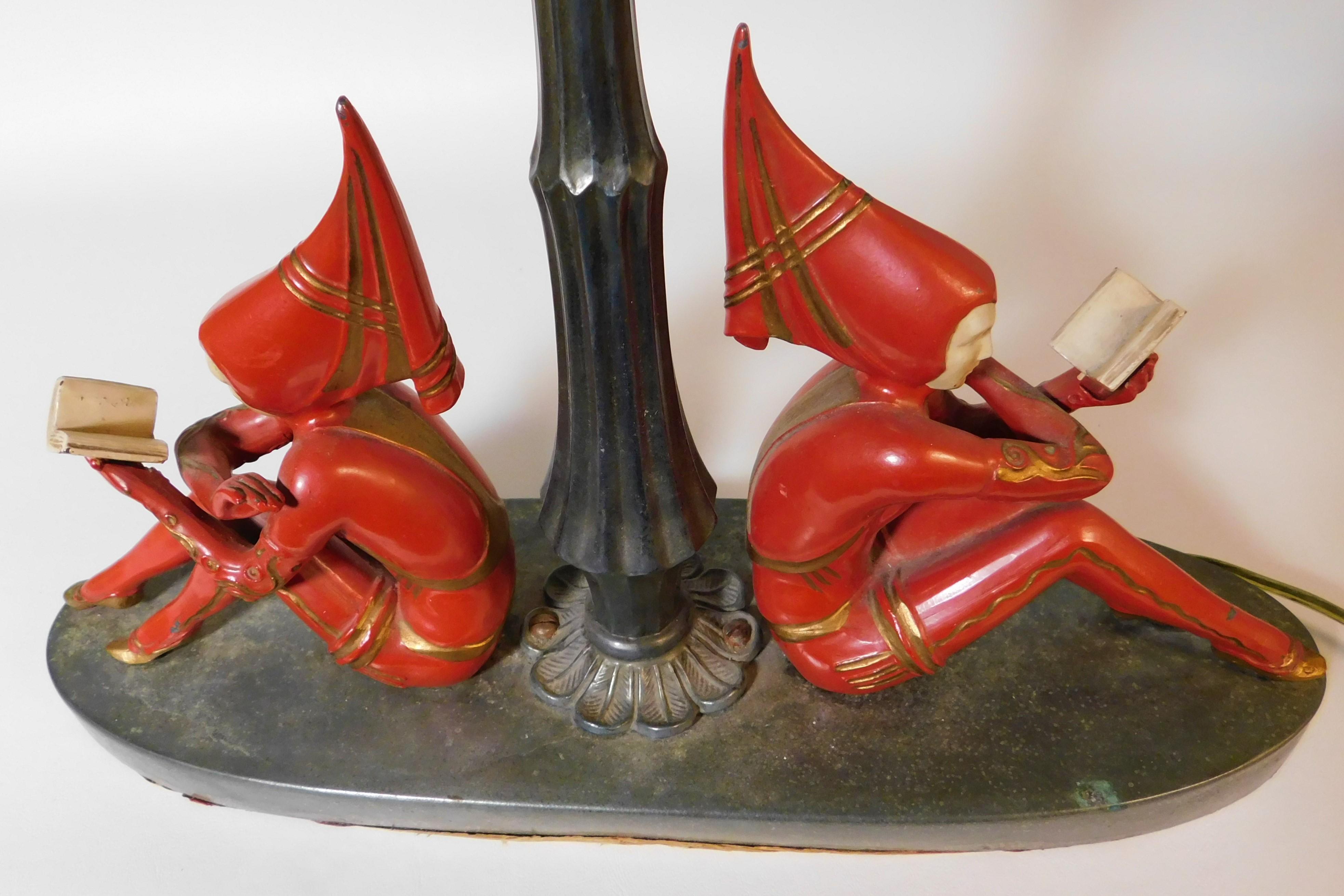 1930s Art Deco Harlequin Table Lamp with Red Girl Pixie Figures USA 1