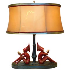 Vintage 1930s Art Deco Harlequin Table Lamp with Red Girl Pixie Figures USA