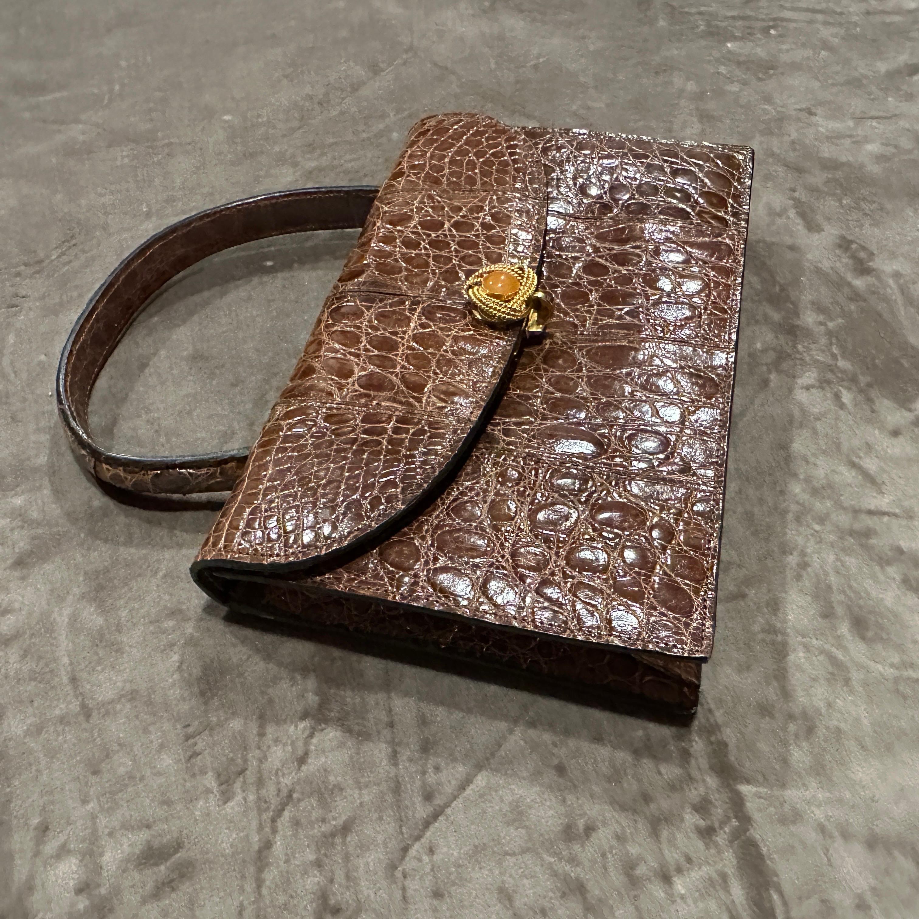 1930s Art Deco High Quality Brown Leather Italian Jewel Evening Bag For Sale 5
