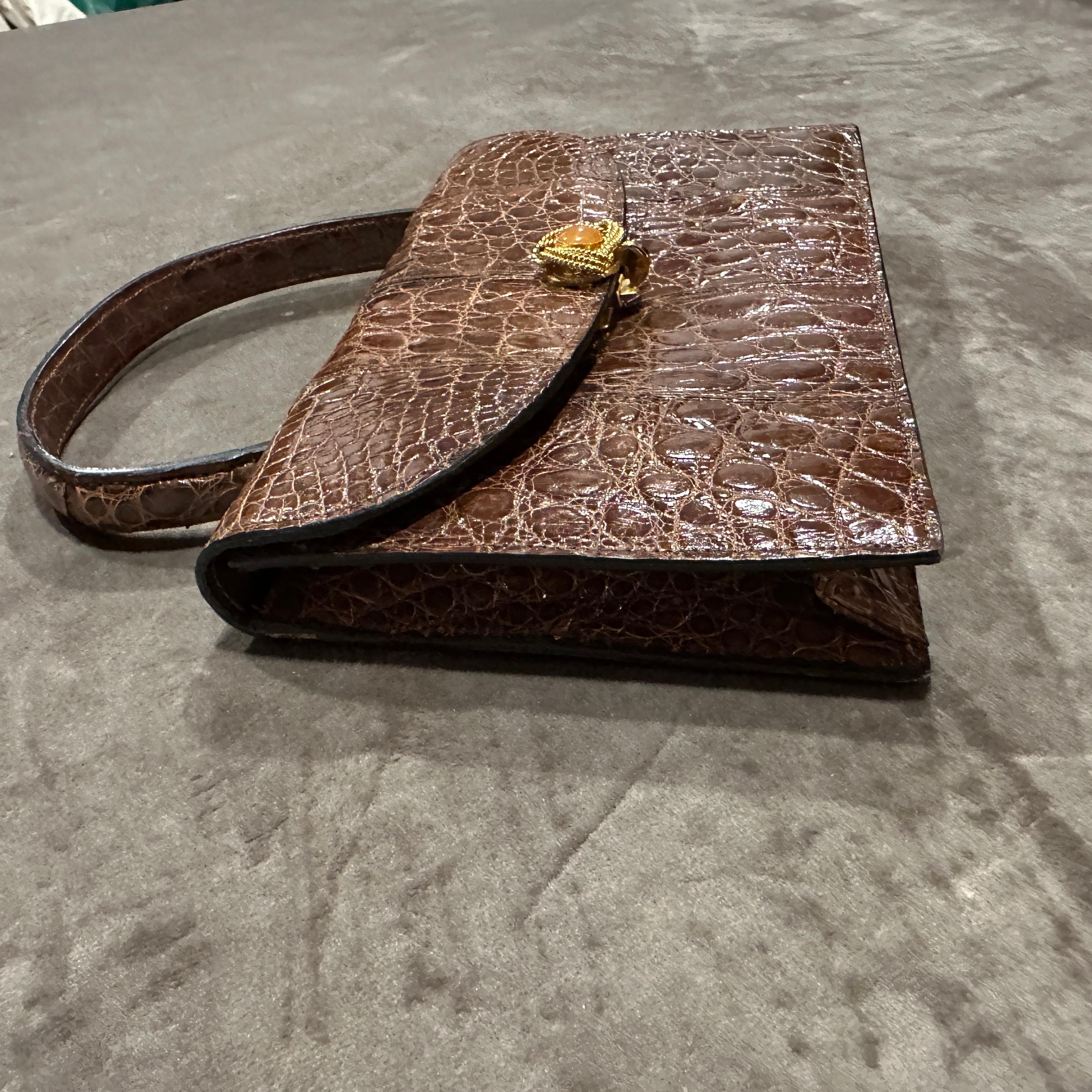 1930s Art Deco High Quality Brown Leather Italian Jewel Evening Bag For Sale 3