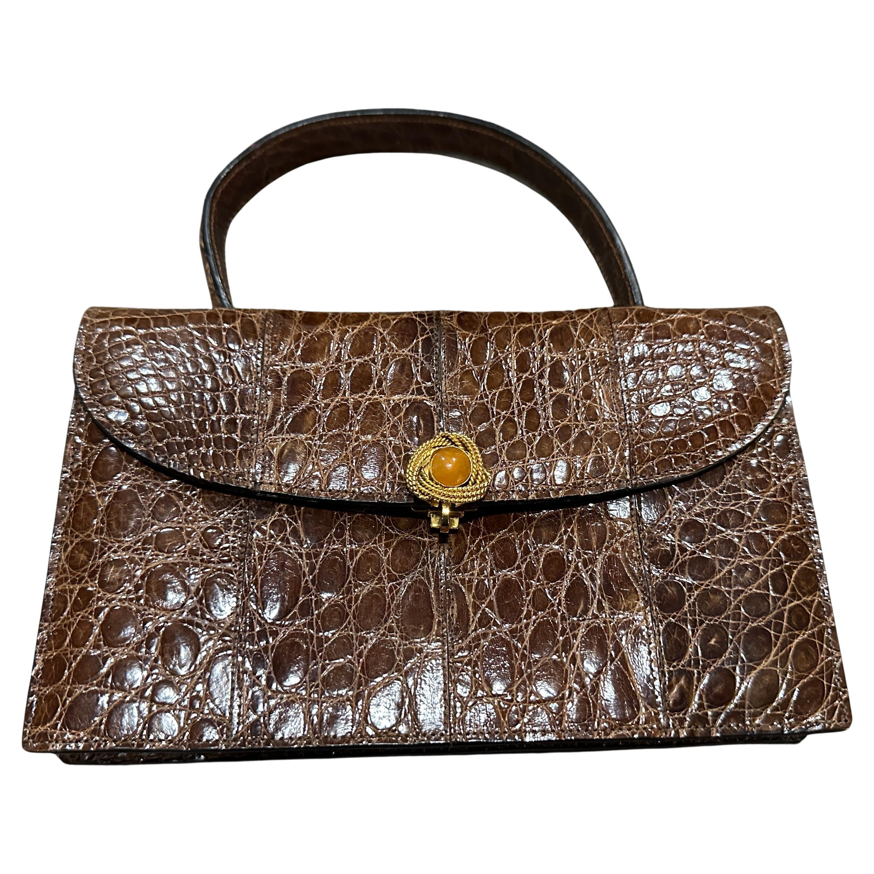 1930s Art Deco High Quality Brown Leather Italian Jewel Evening Bag For Sale
