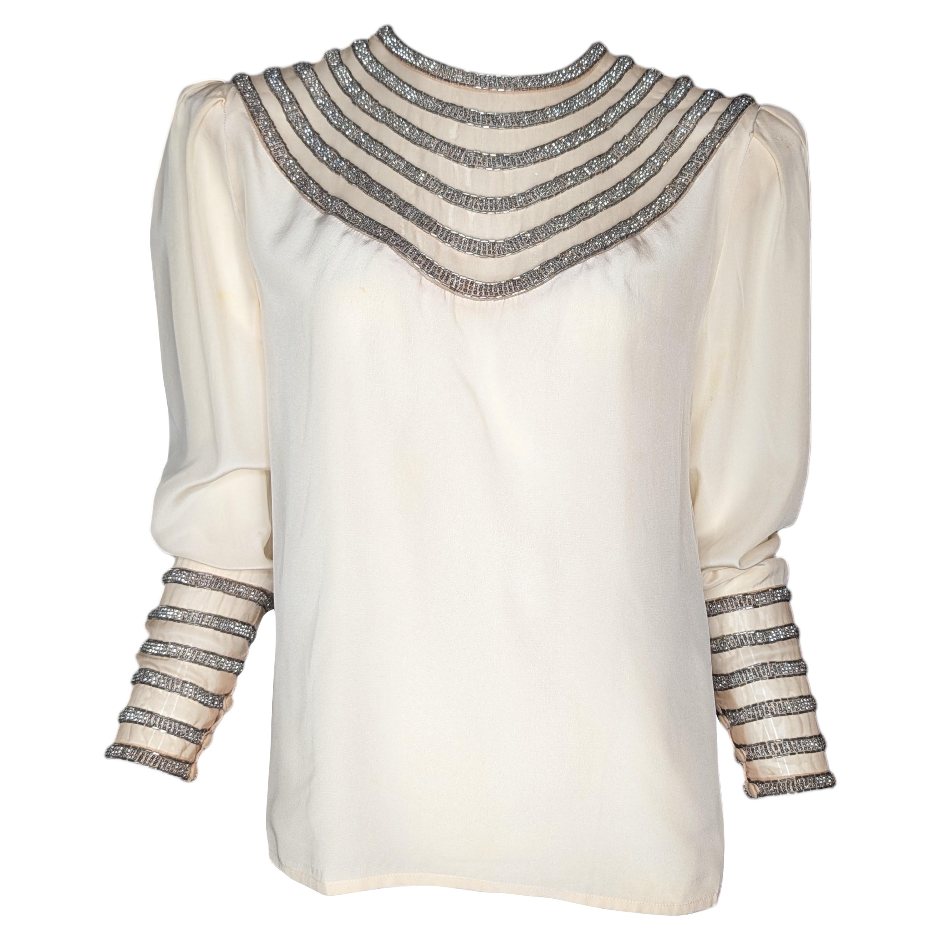 1930s Art Deco Illusion Mesh Yoke Blouse with Silver Glass Beadwork