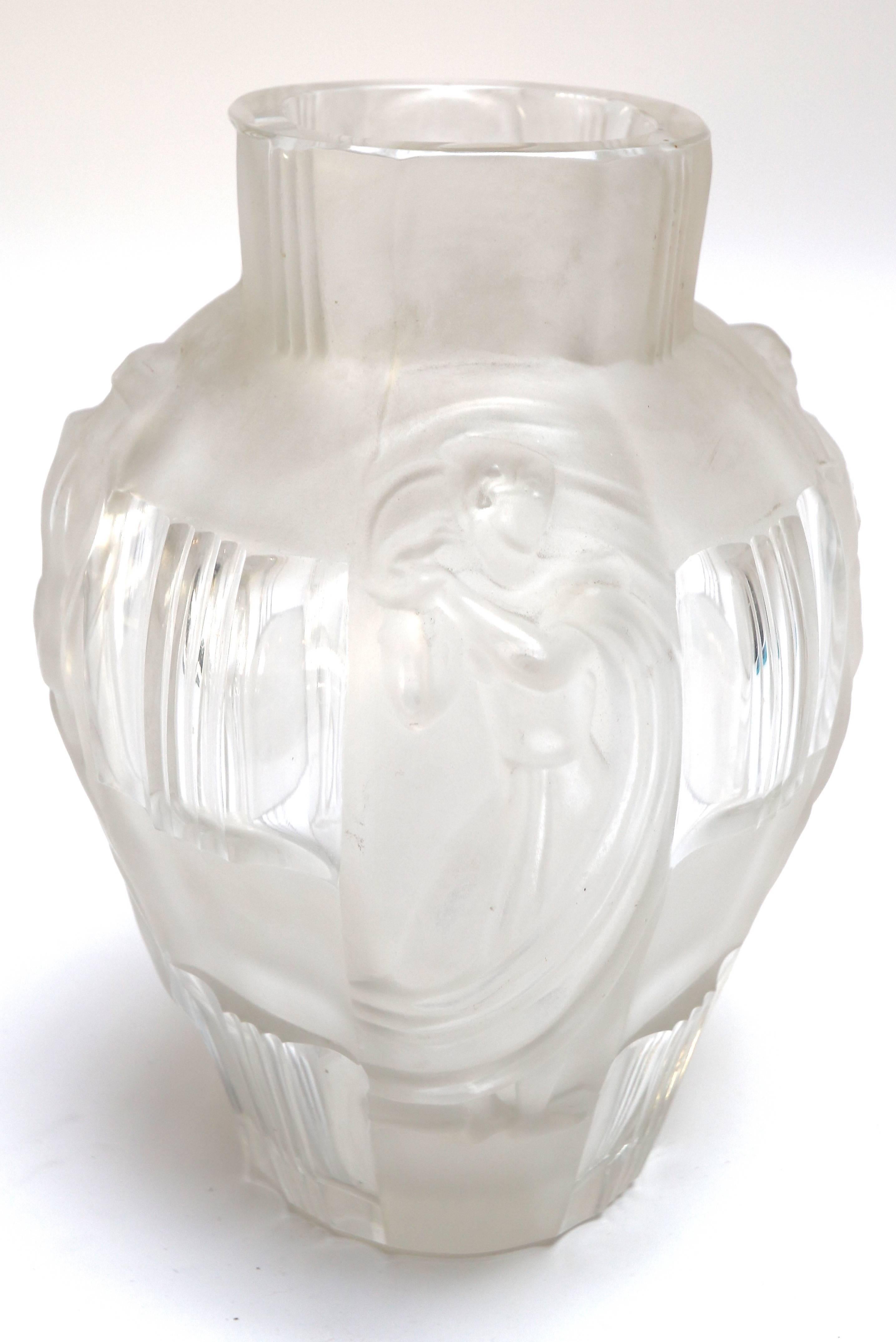 1930s Art Deco ingrid vase by Curt Schlevogt in frosted glass featuring Silhouettes of women.