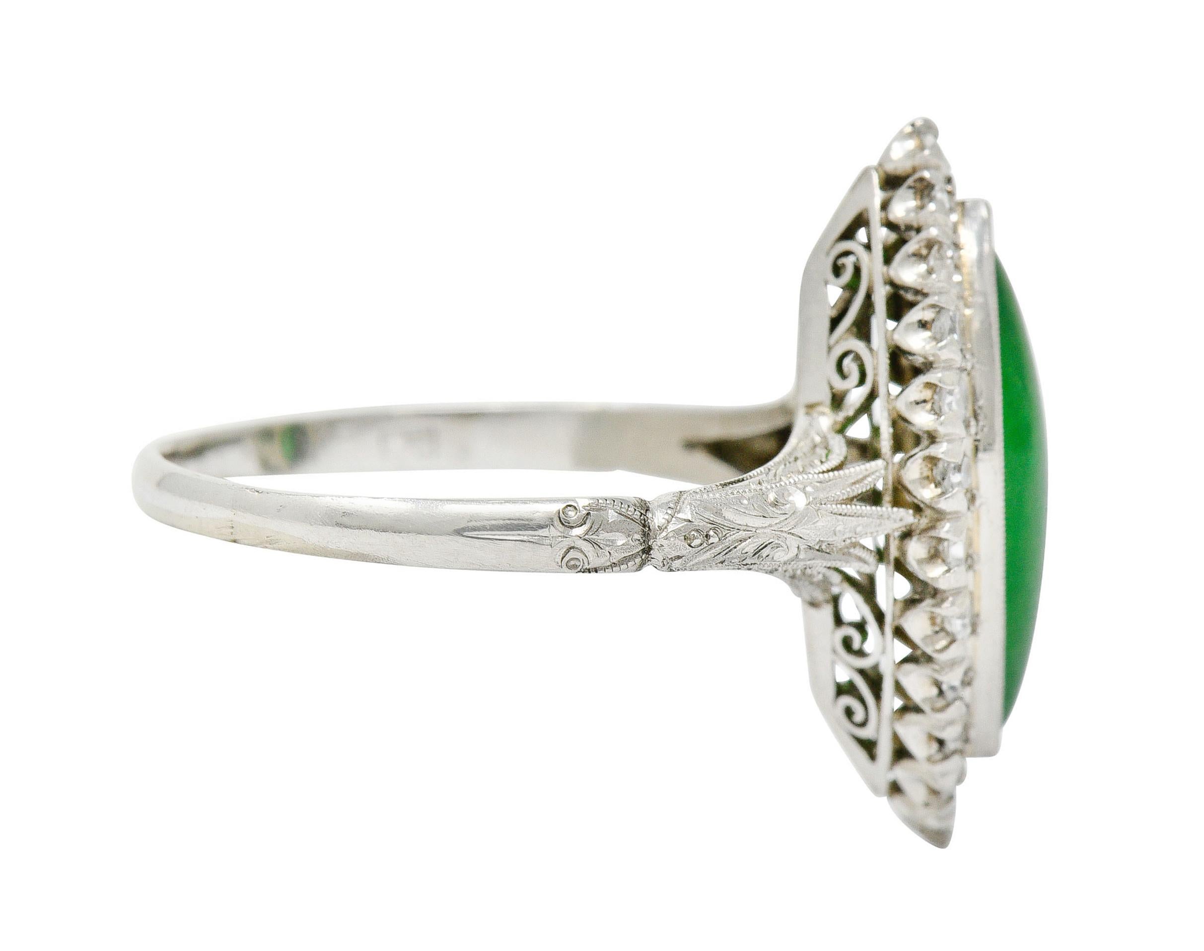 Cabochon 1930's Art Deco Jade Diamond Platinum Navette Cluster Ring