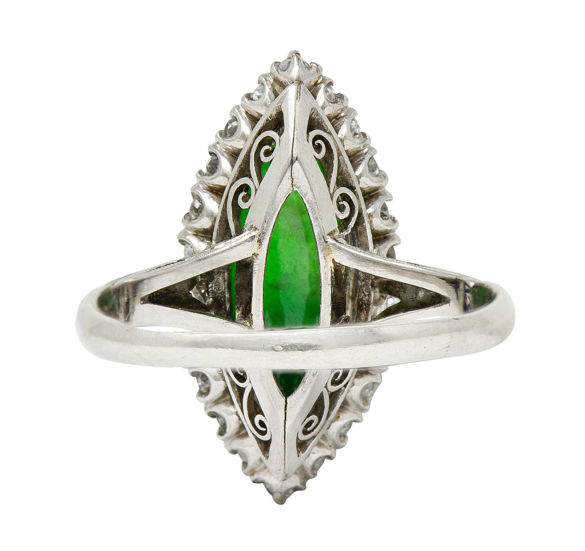 1930's Art Deco Jade Diamond Platinum Navette Cluster Ring In Excellent Condition In Philadelphia, PA