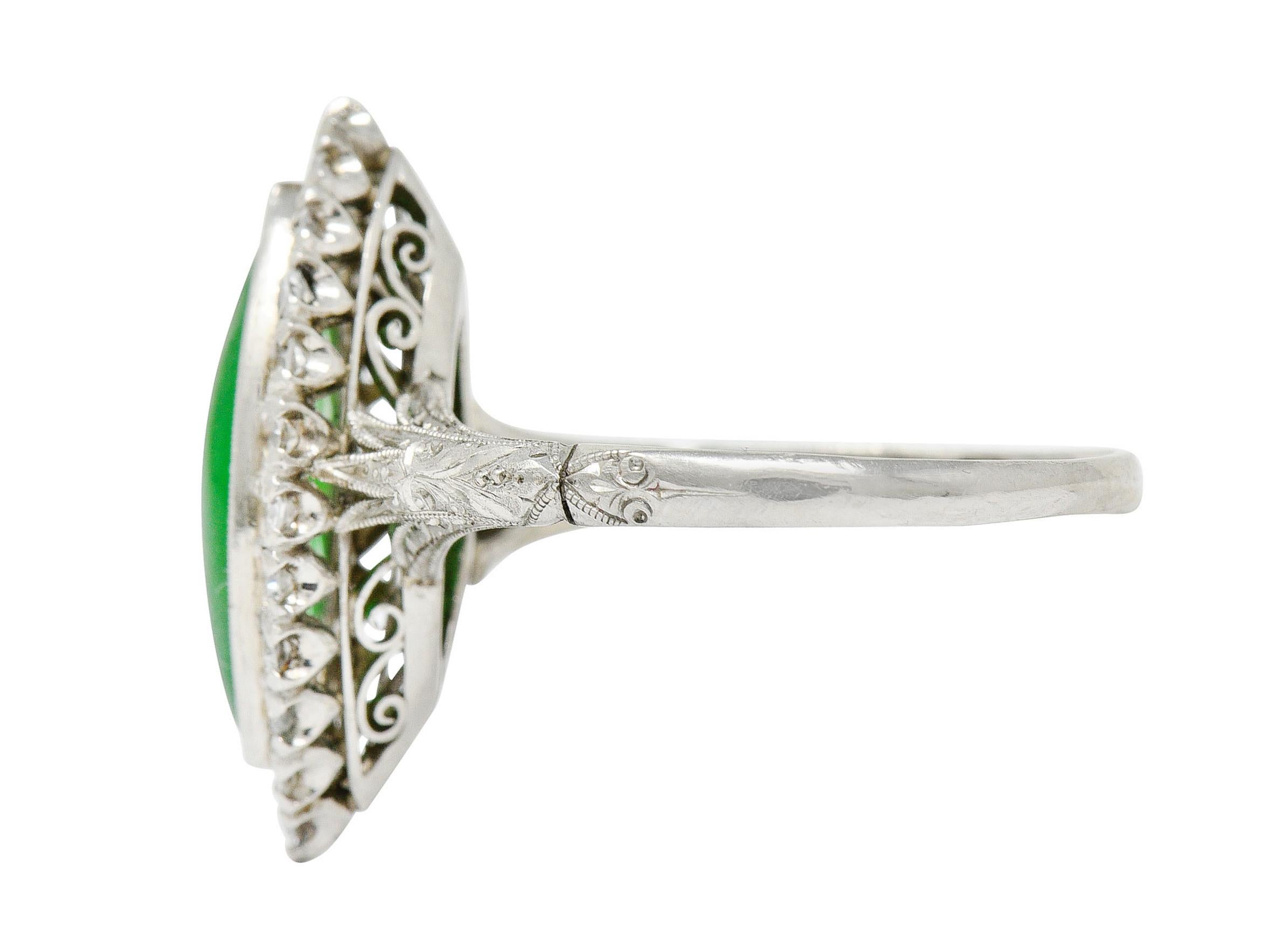 Women's or Men's 1930's Art Deco Jade Diamond Platinum Navette Cluster Ring
