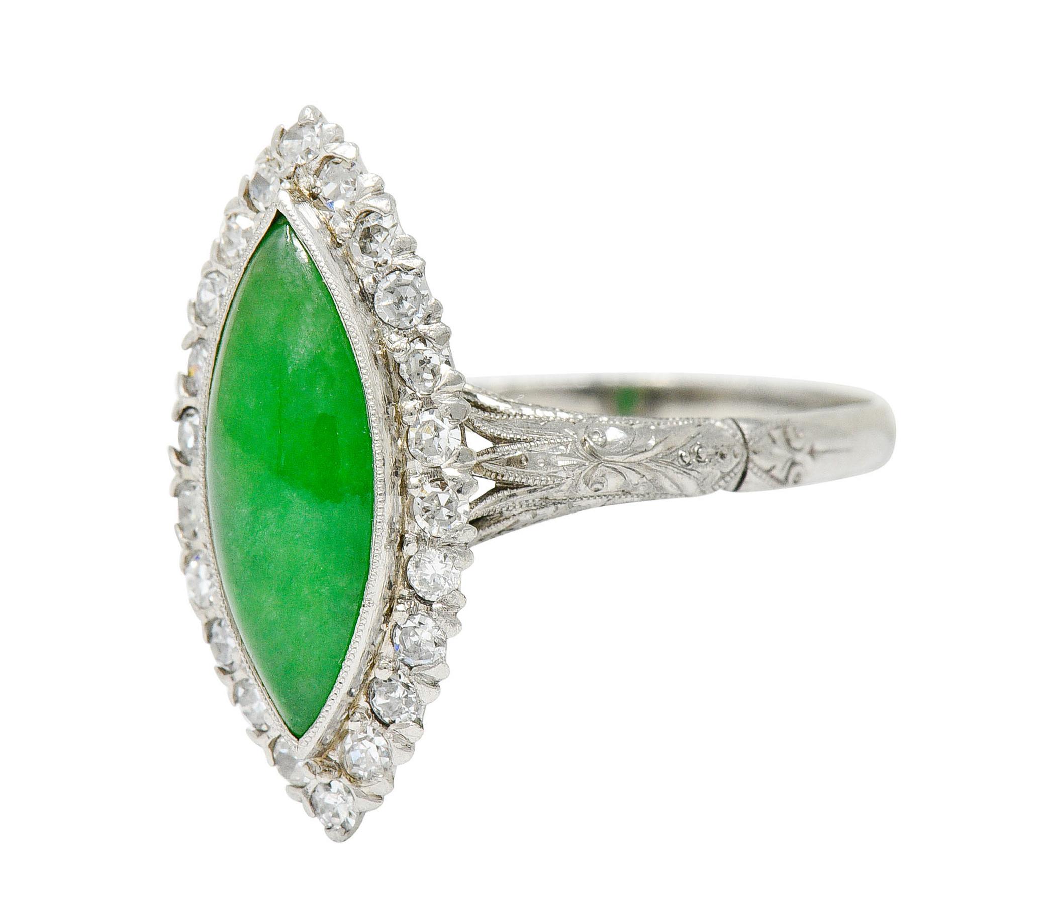 1930's Art Deco Jade Diamond Platinum Navette Cluster Ring 1