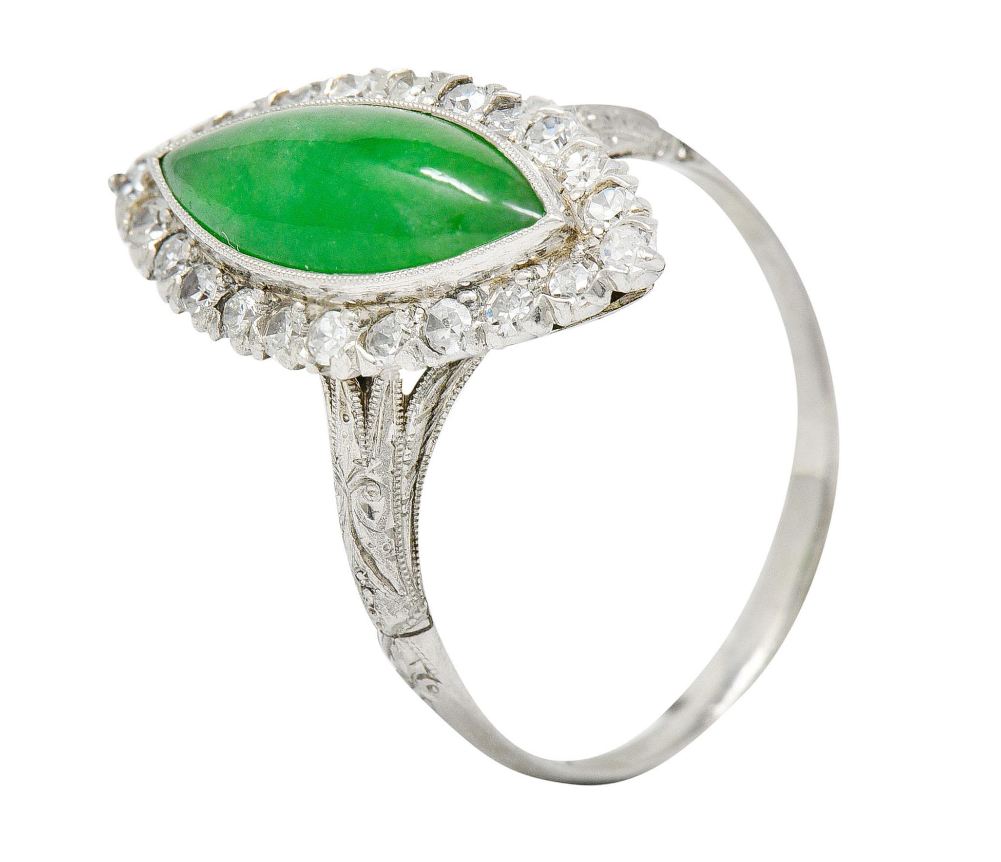 1930's Art Deco Jade Diamond Platinum Navette Cluster Ring 4