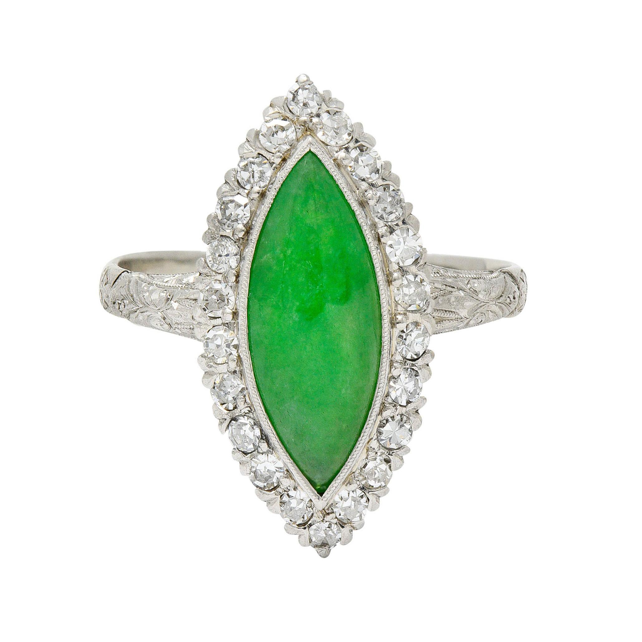 1930's Art Deco Jade Diamond Platinum Navette Cluster Ring