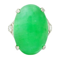 1930's Art Deco Jadeite Jade Diamond Platinum Cabochon Ring GIA