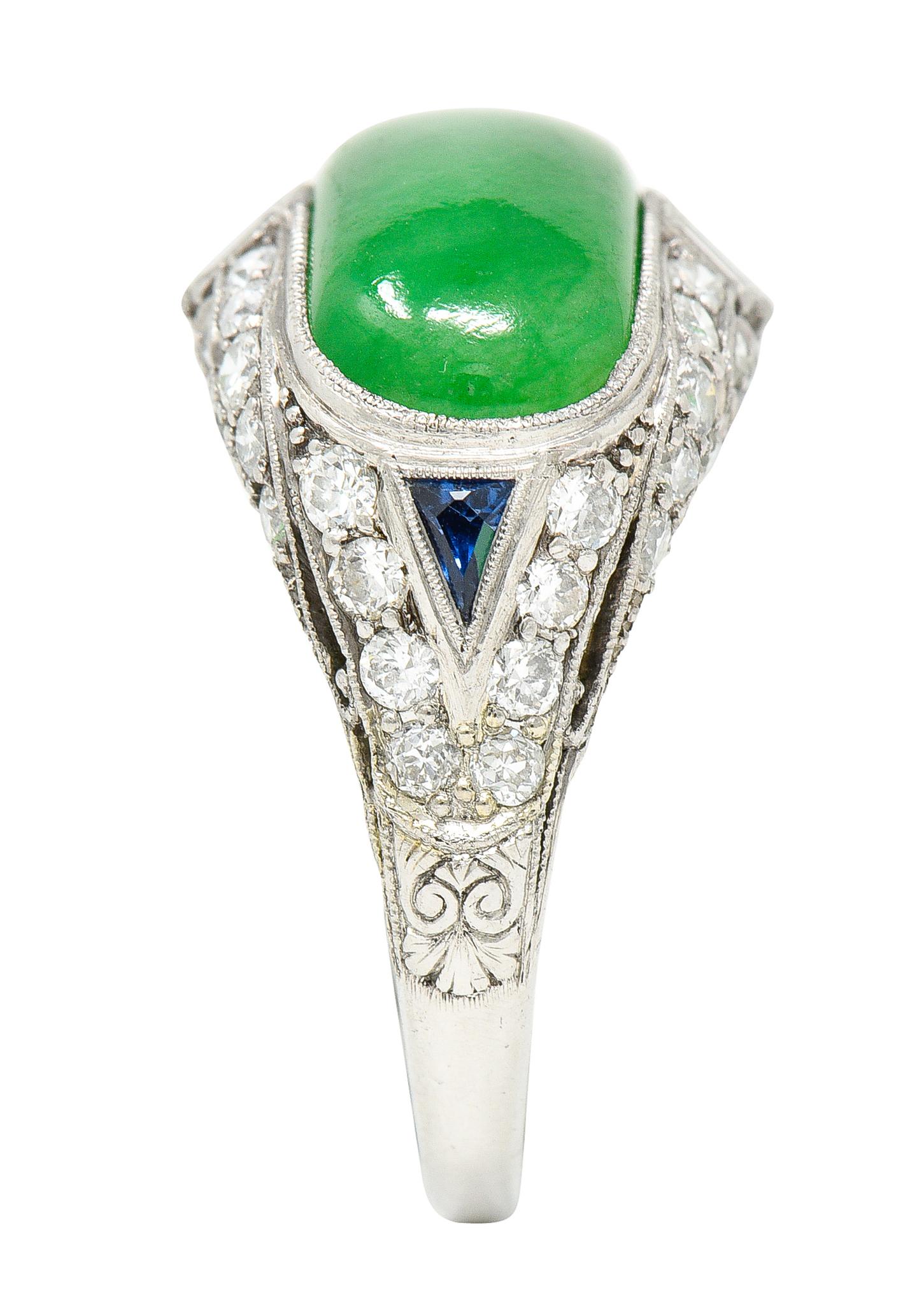 1930's Art Deco Jadeite Jade Sapphire Diamond Platinum Band Ring GIA 5