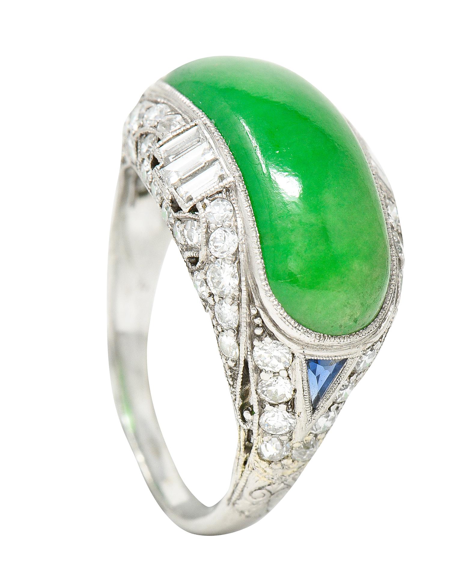 1930's Art Deco Jadeite Jade Sapphire Diamond Platinum Band Ring GIA 6