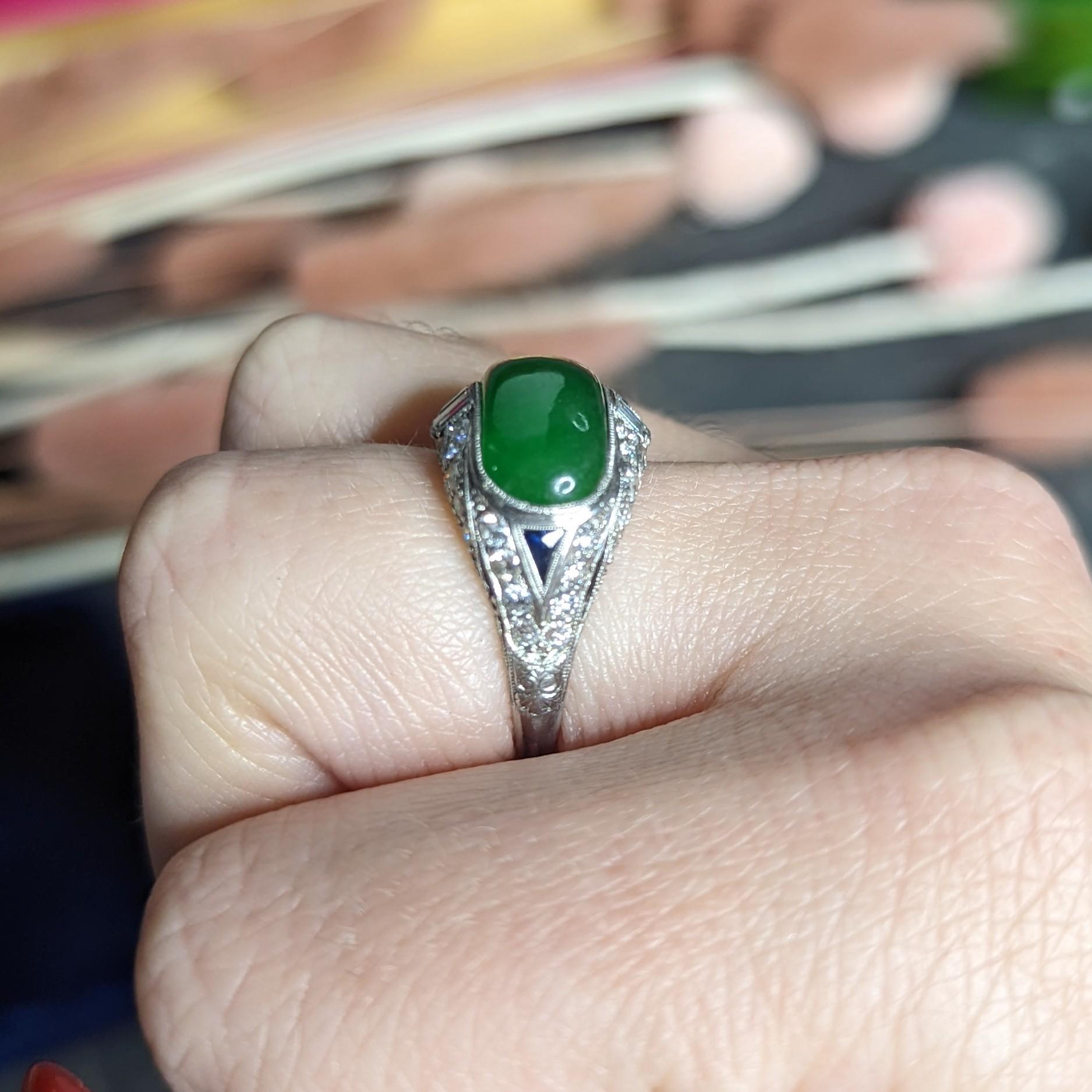 1930's Art Deco Jadeite Jade Sapphire Diamond Platinum Band Ring GIA 9