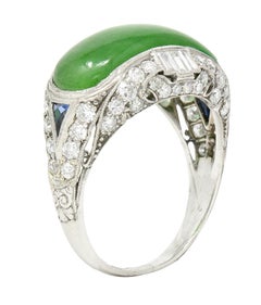 1930's Art Deco Jadeite Jade Sapphire Diamond Platinum Band Ring GIA