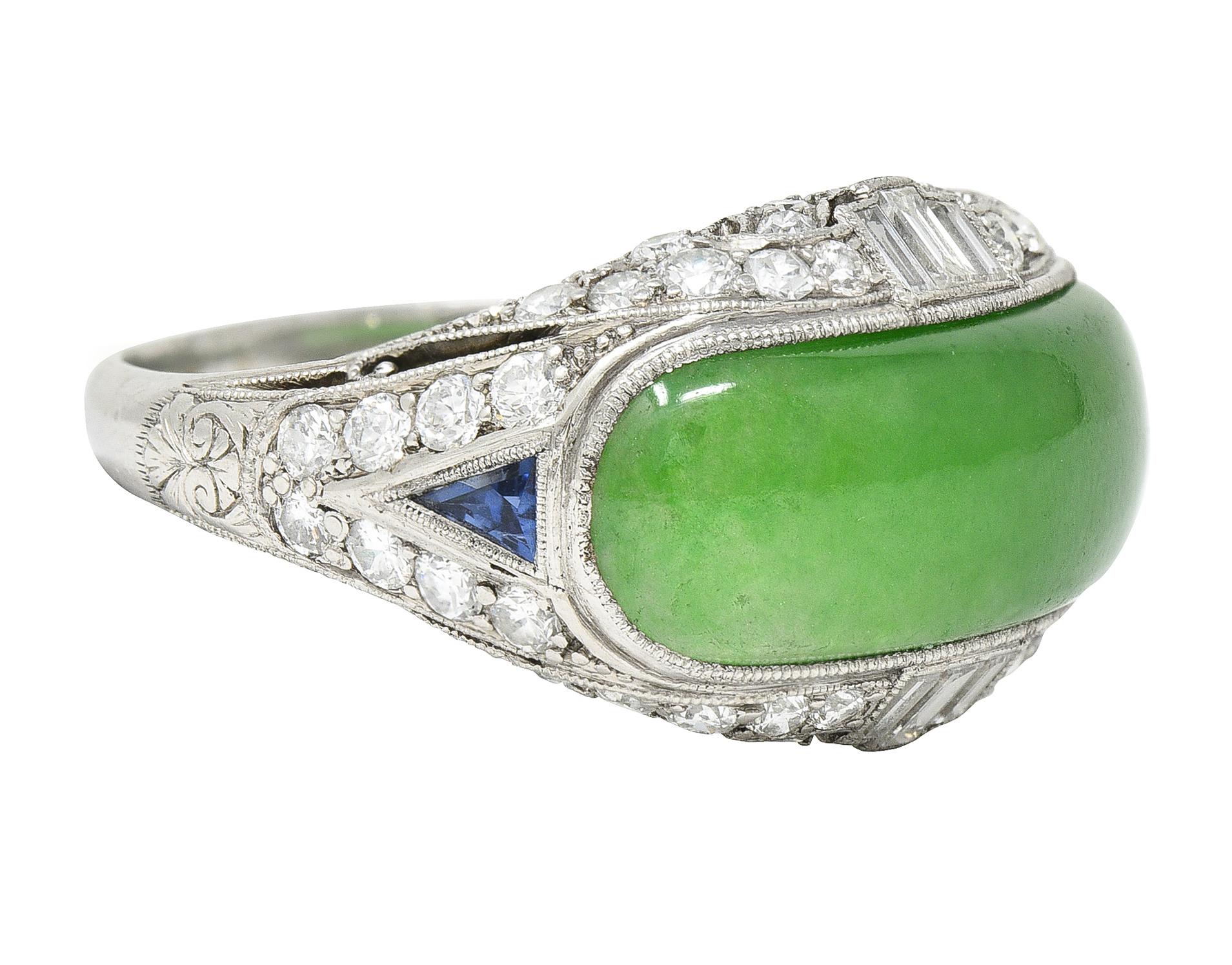 Cabochon 1930's Art Deco Jadeite Jade Sapphire Diamond Platinum Band Ring GIA