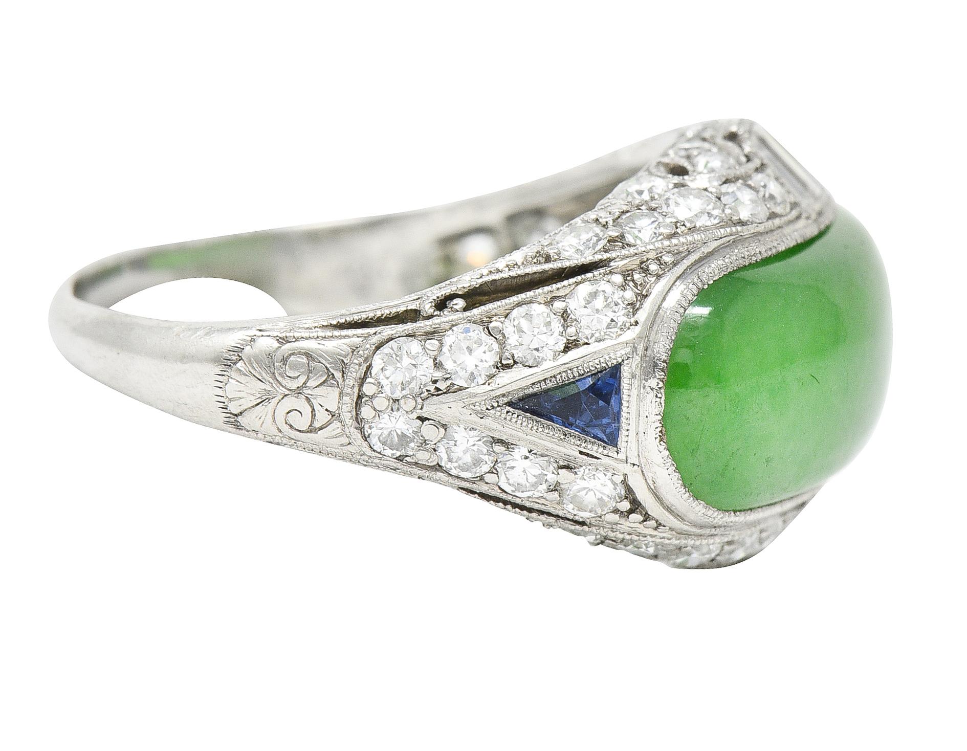 1930's Art Deco Jadeite Jade Sapphire Diamond Platinum Band Ring GIA In Excellent Condition In Philadelphia, PA