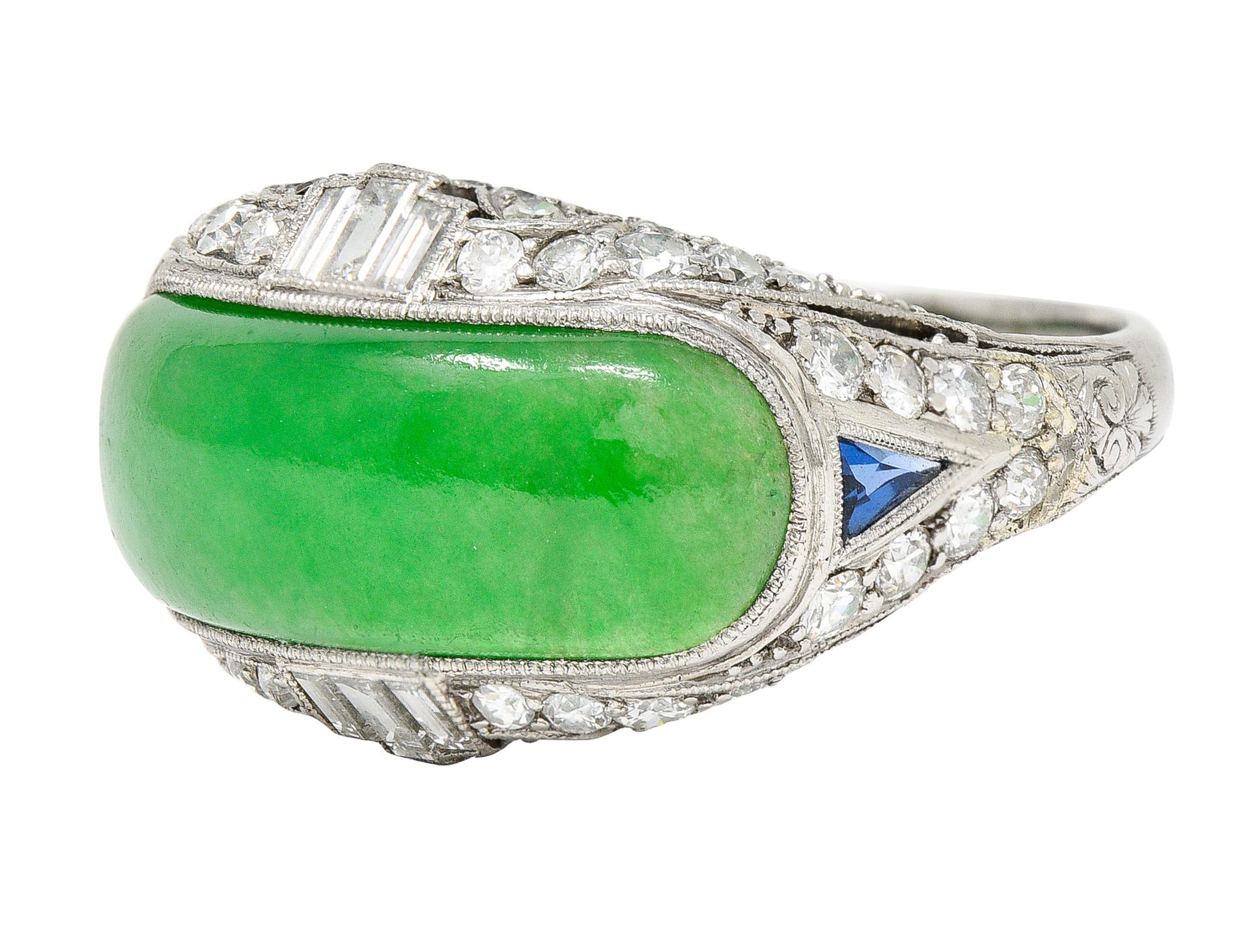 1930's Art Deco Jadeite Jade Sapphire Diamond Platinum Band Ring GIA 1