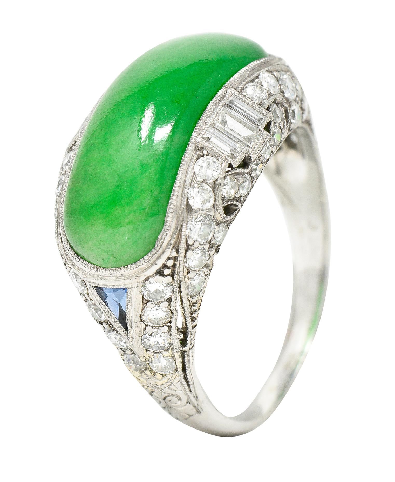 1930's Art Deco Jadeite Jade Sapphire Diamond Platinum Band Ring GIA 3
