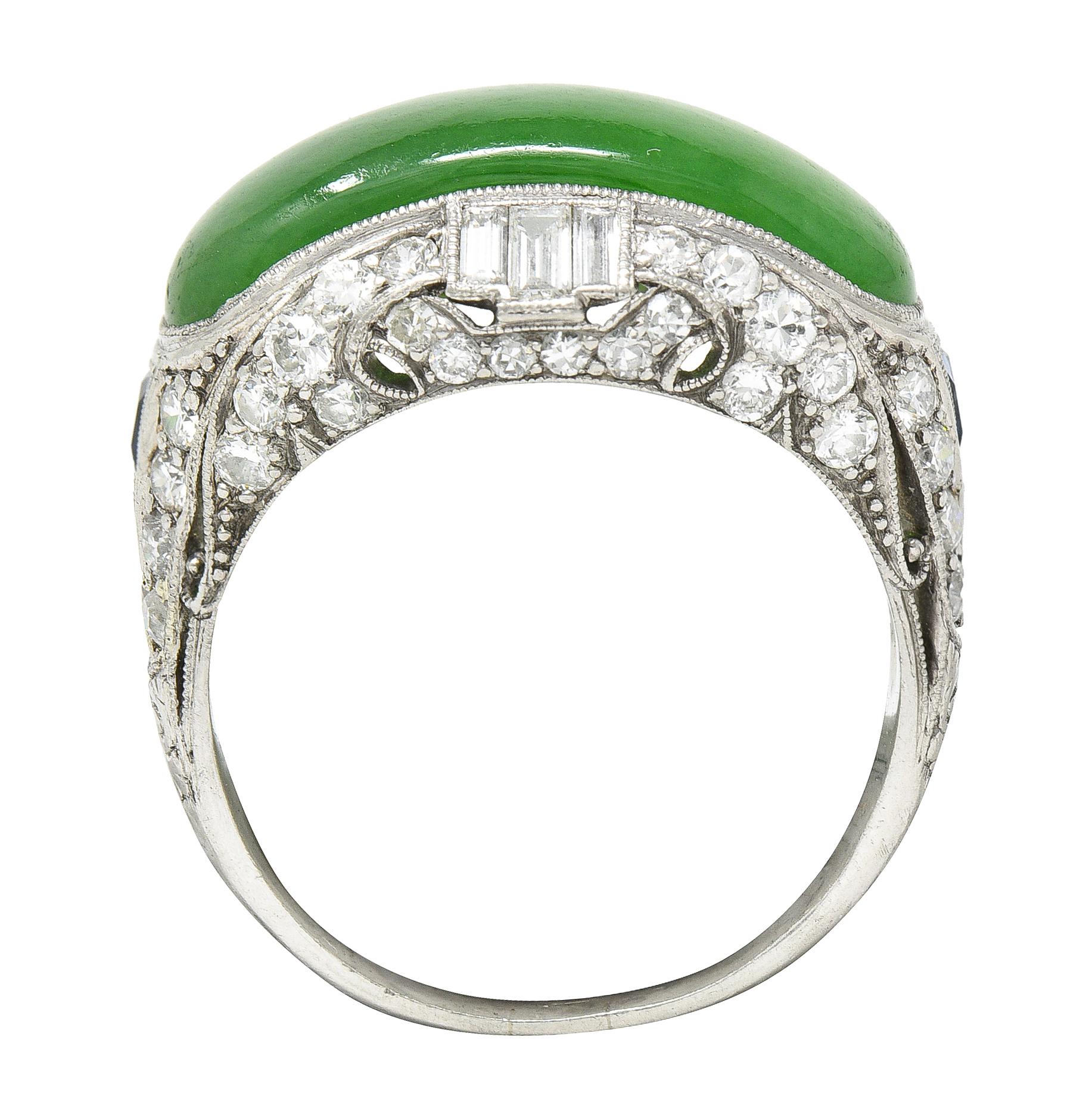 1930's Art Deco Jadeite Jade Sapphire Diamond Platinum Band Ring GIA 4