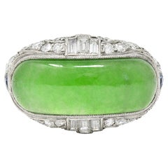 1930's Art Deco Jadeite Jade Sapphire Diamond Platinum Band Ring GIA