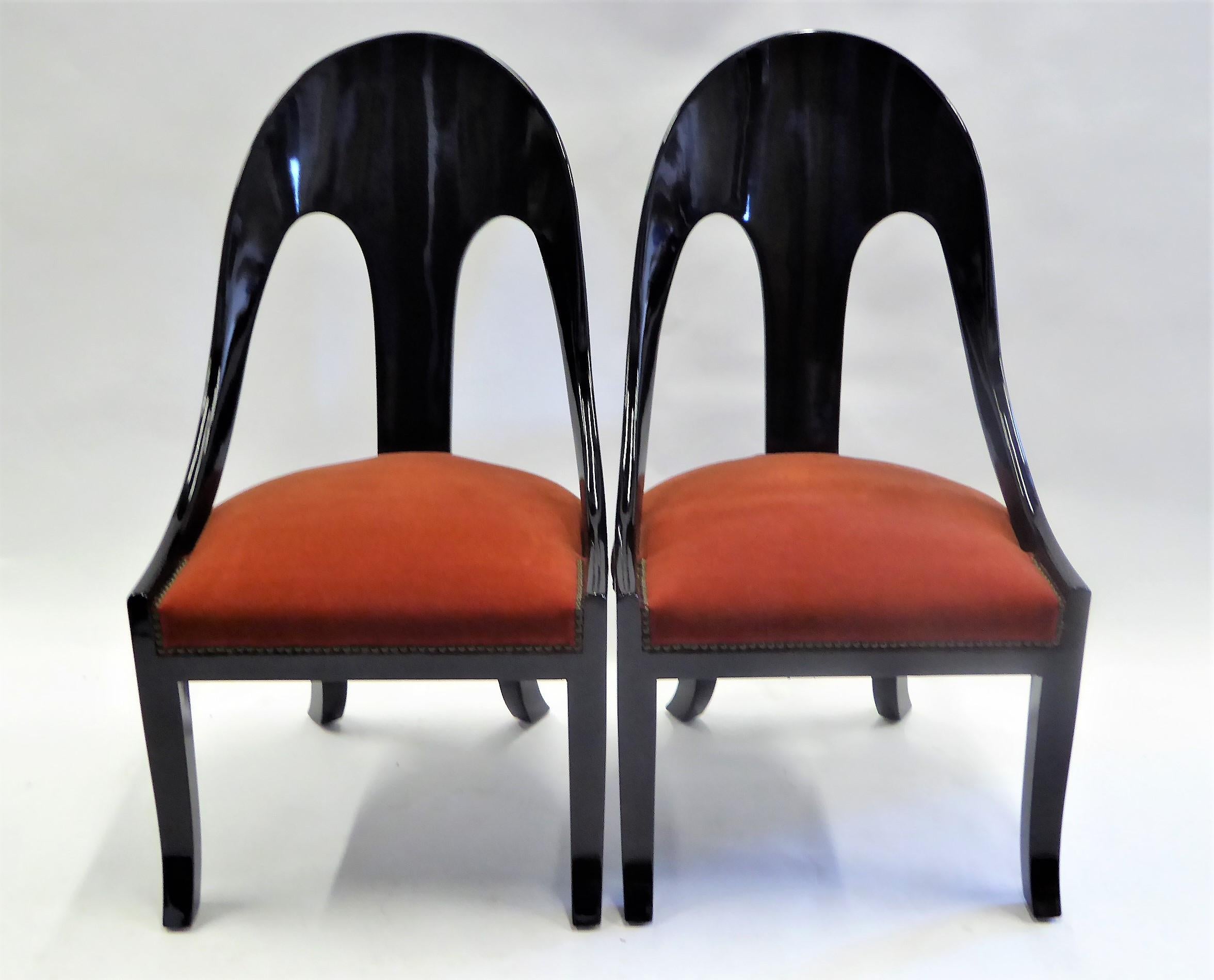 1930s Art Deco Black Lacquered Spoonback Chairs in Mohair Velvet 6