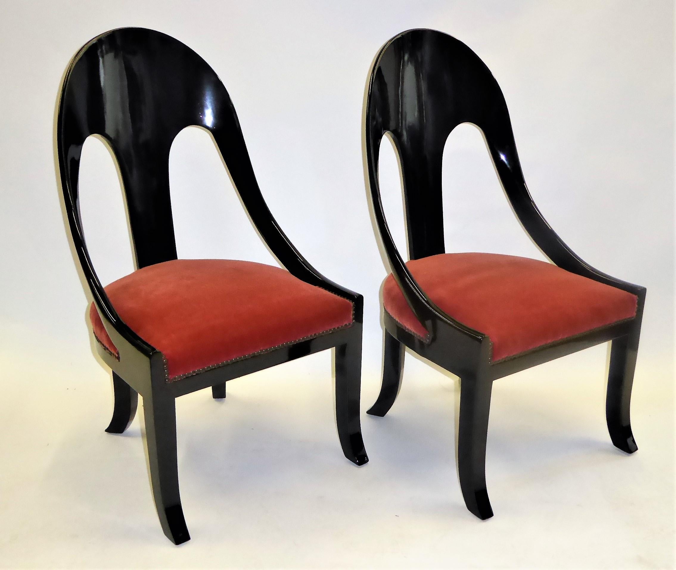 American 1930s Art Deco Black Lacquered Spoonback Chairs in Mohair Velvet