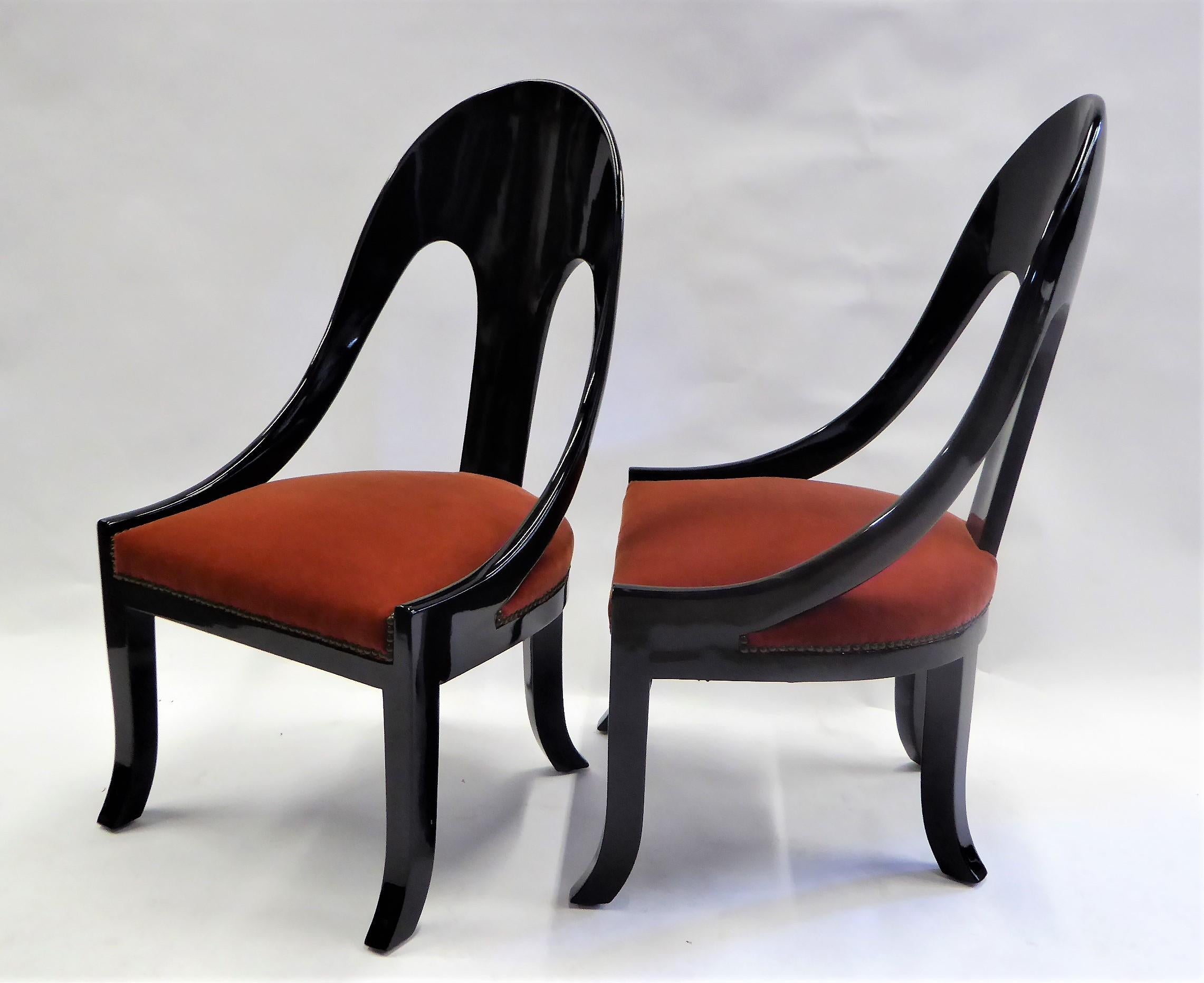 Mid-20th Century 1930s Art Deco Black Lacquered Spoonback Chairs in Mohair Velvet