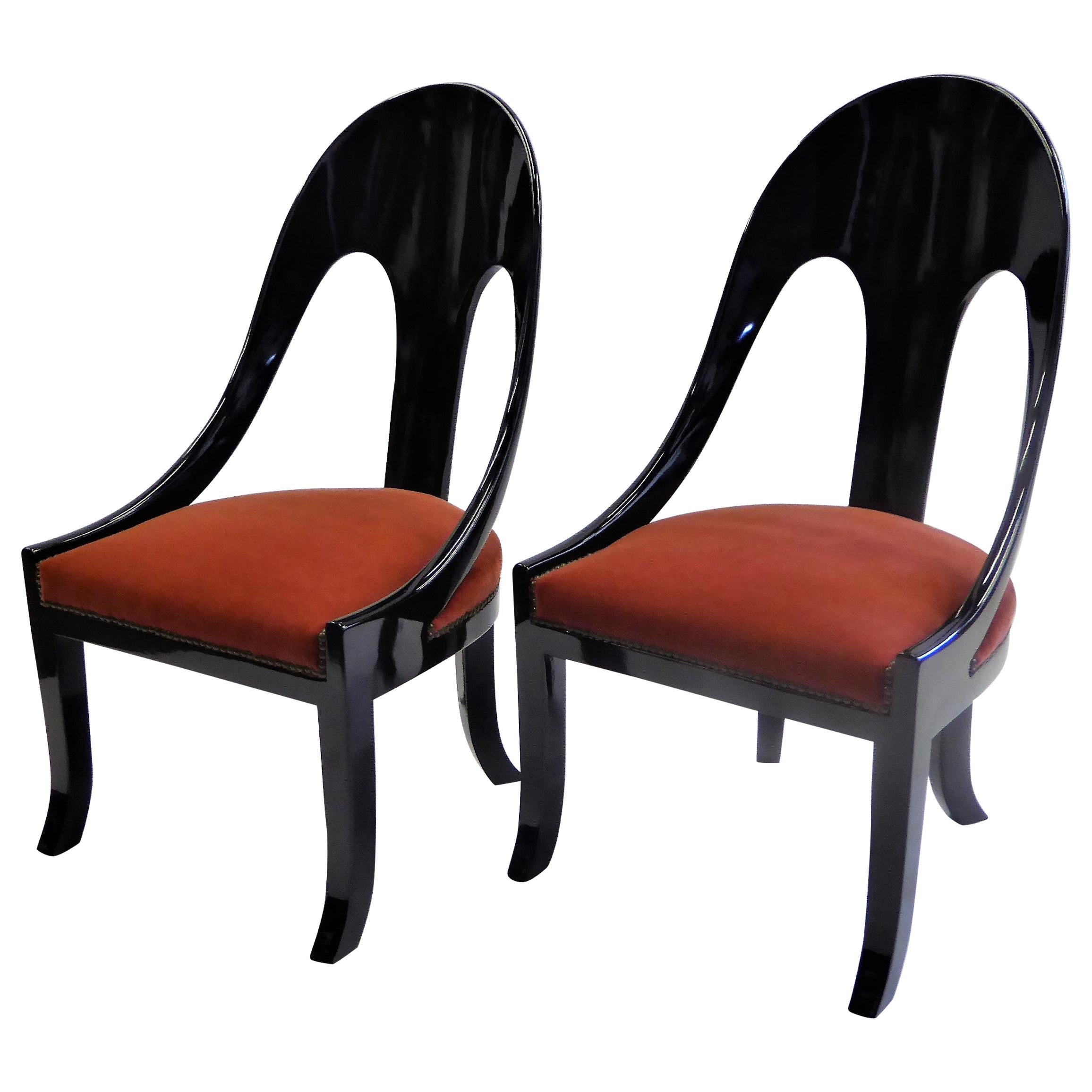 1930s Art Deco Black Lacquered Spoonback Chairs in Mohair Velvet