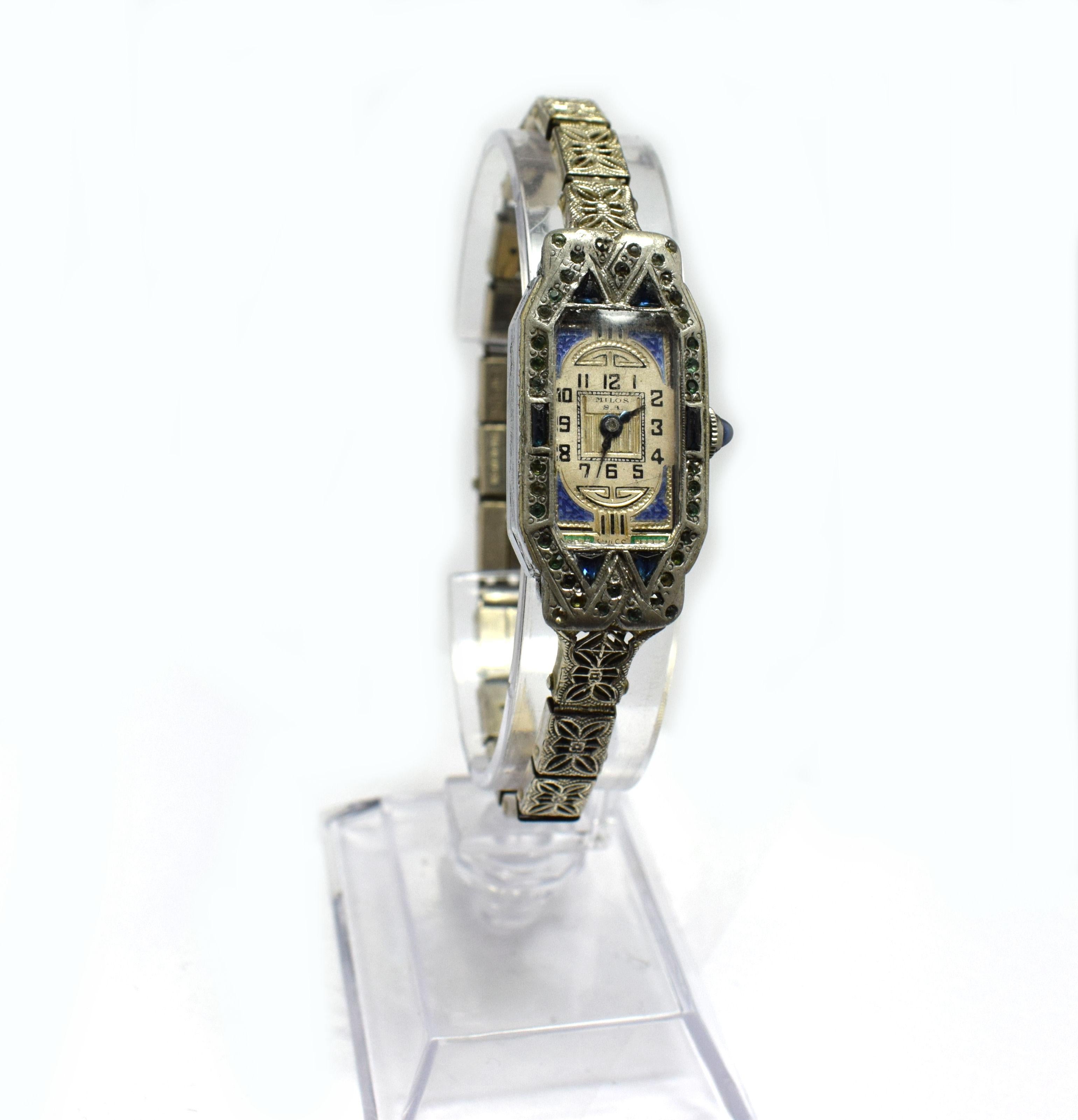 1930s Art Deco Ladies Sapphire Marcasite Enamel Watch with a Filigree Band 3
