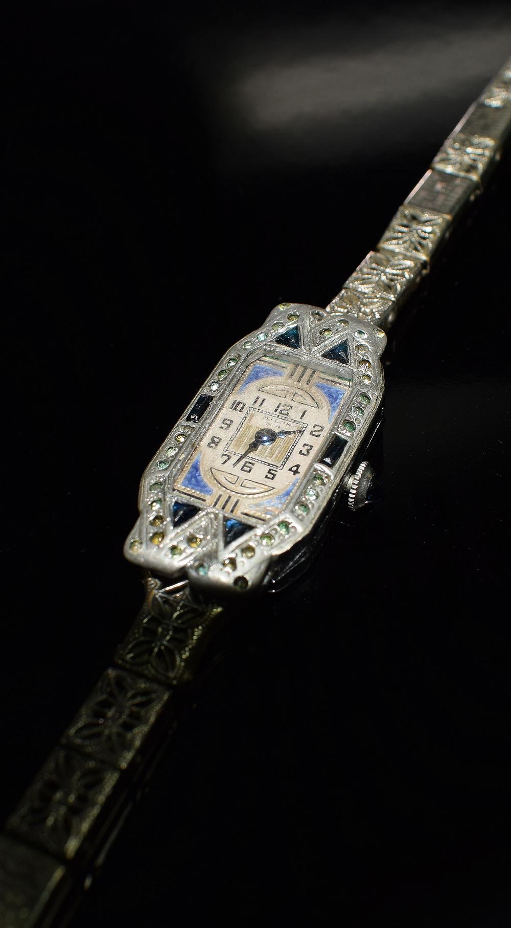 1930s Art Deco Ladies Sapphire Marcasite Enamel Watch with a Filigree Band 4