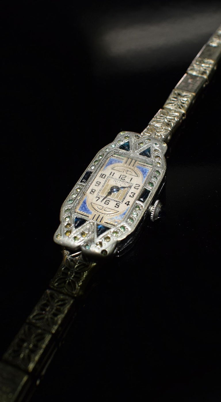 1930s Art Deco Ladies Sapphire Marcasite Enamel Watch with a  display picture 1