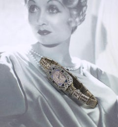 1930s Art Deco Ladies Sapphire Marcasite Enamel Watch with a Filigree Band