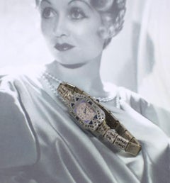 1930s Art Deco Ladies Sapphire Marcasite Enamel Watch with a Filigree Band