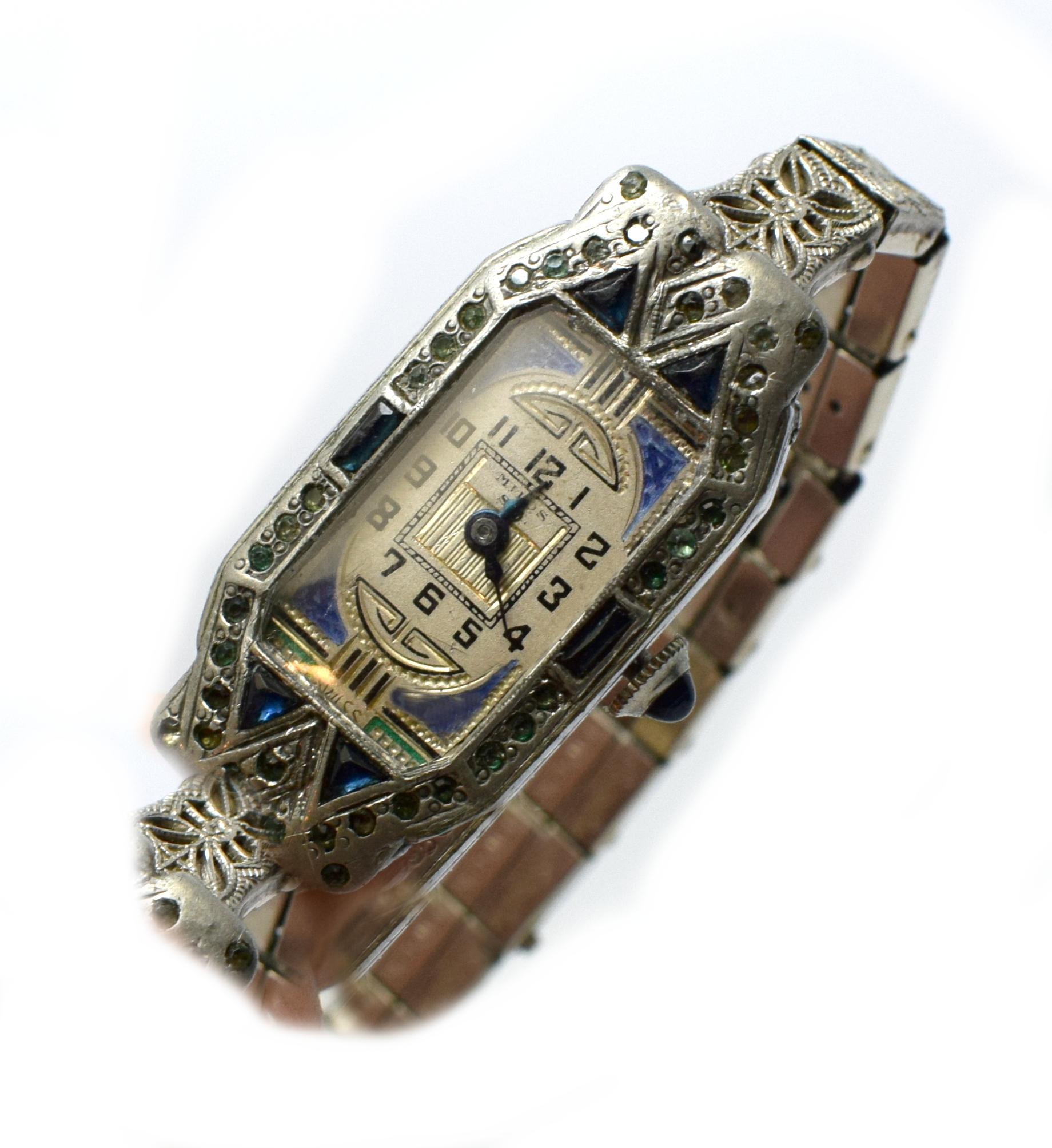 1930s Art Deco Ladies Sapphire Marcasite Enamel Watch with a Filigree Band In Good Condition In Westward ho, GB