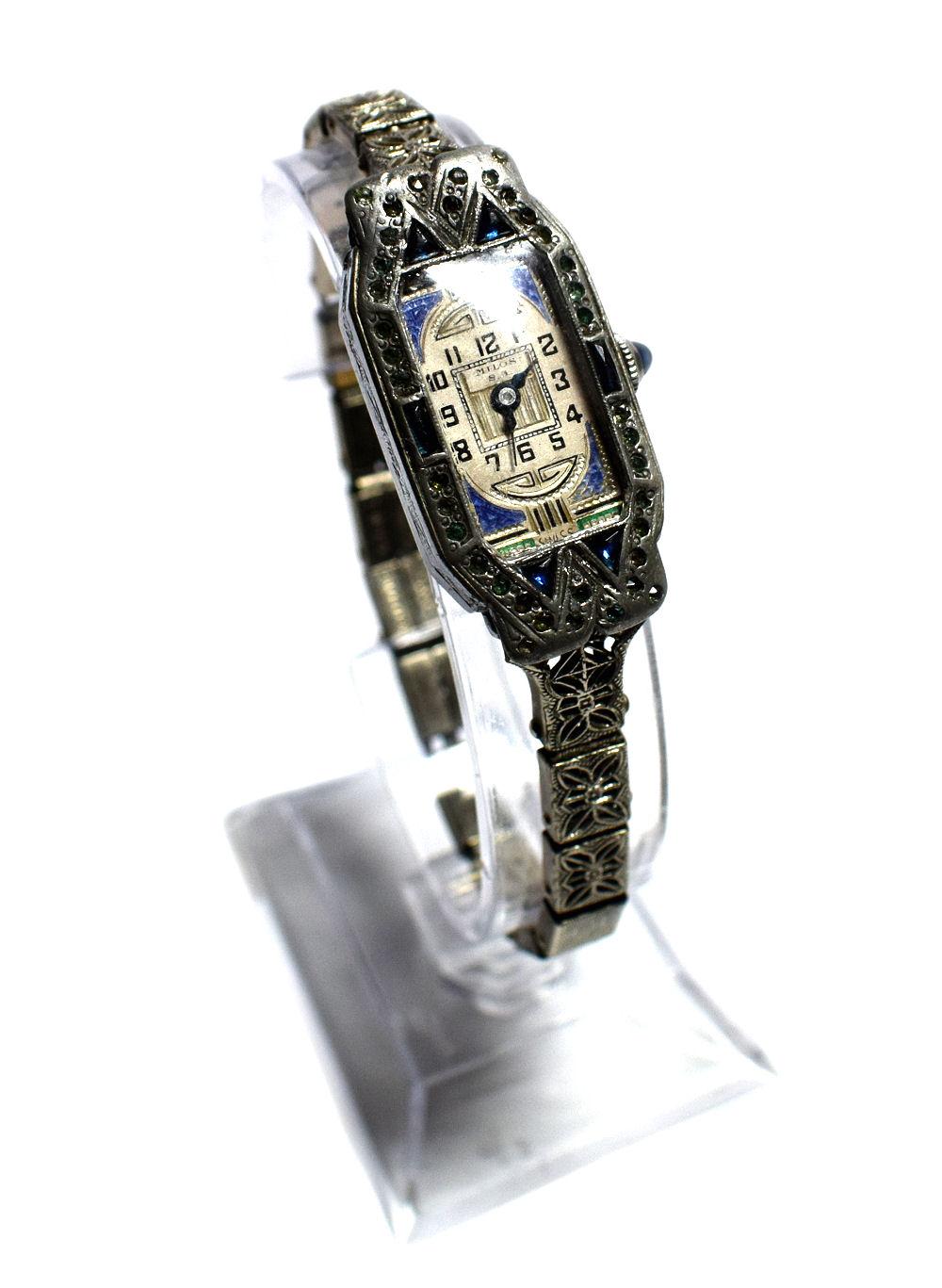 Women's 1930s Art Deco Ladies Sapphire Marcasite Enamel Watch with a Filigree Band