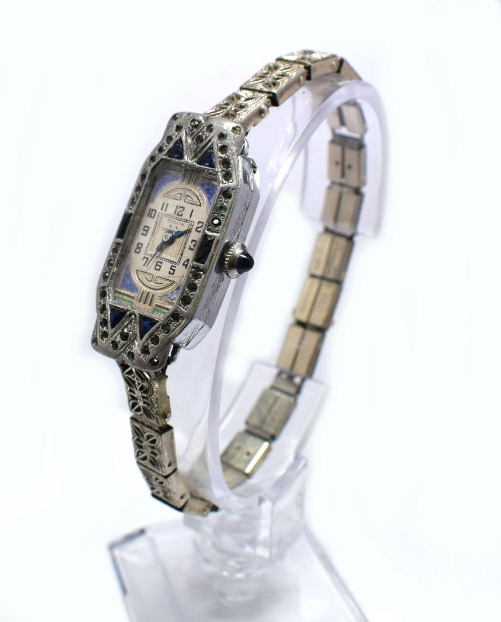 Women's 1930s Art Deco Ladies Sapphire Marcasite Enamel Watch with a Filigree Band